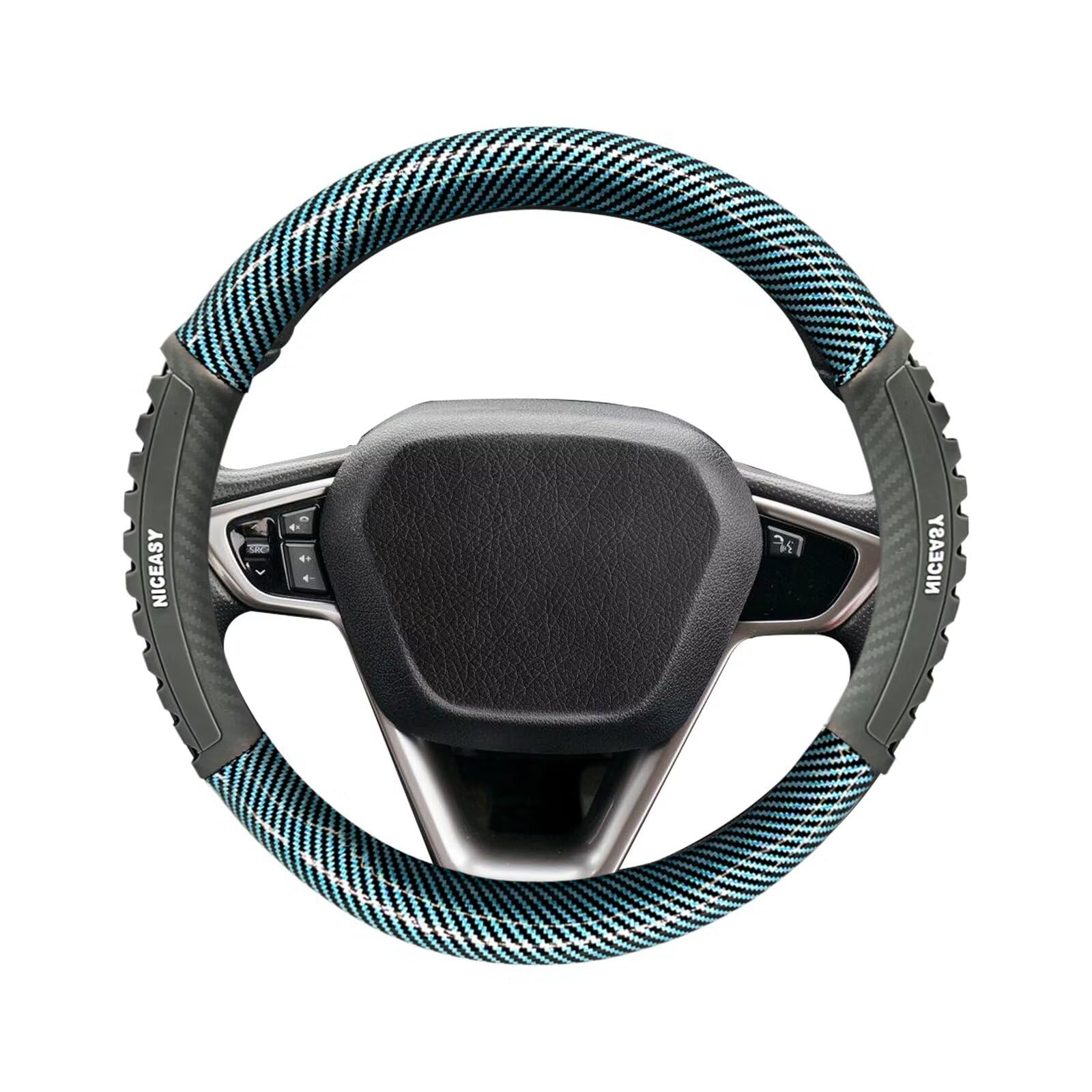NICEASY Sport Style Grayish Blue PU Leather Steering Wheel Cover with Gray Sport Grip Anti-Slip Breathable Steering Wheel Accessory Universal Fit 14.75-15 inch