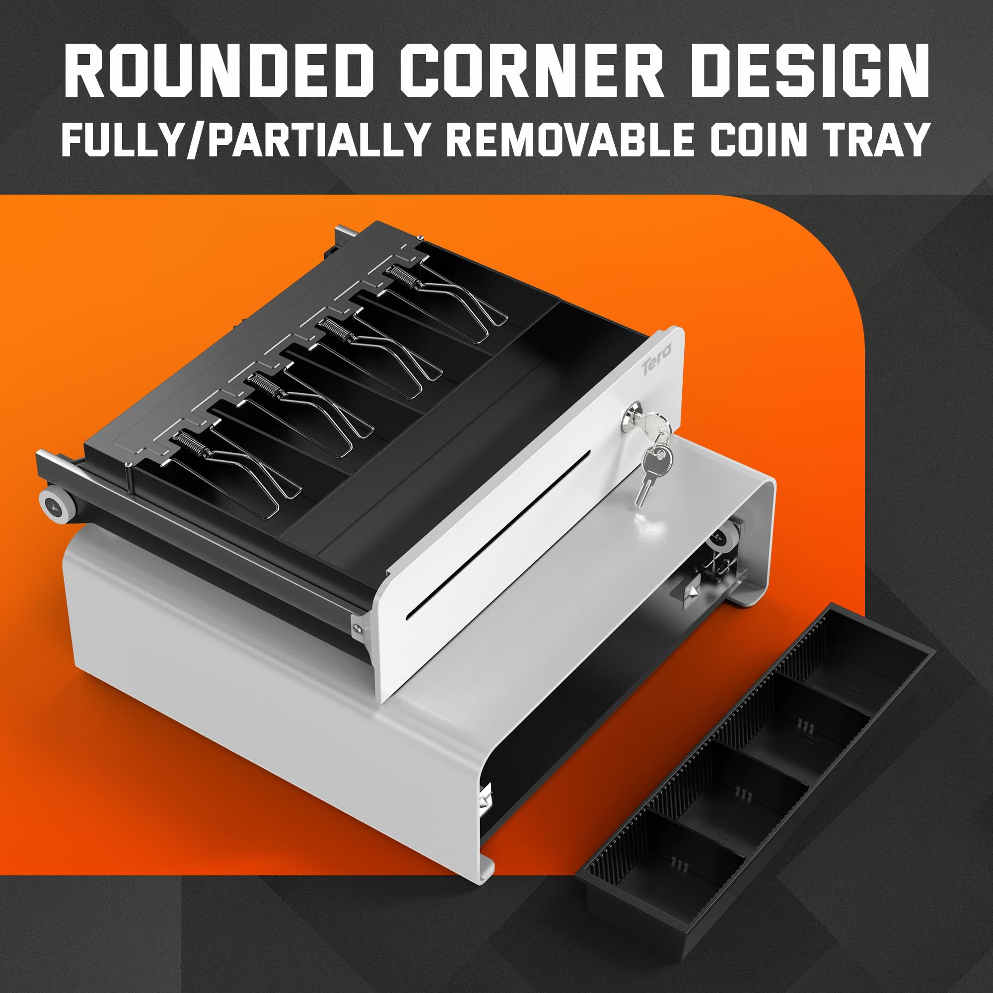 Tera Cassetto registratore di cassa da 33 cm: apertura automatica con 6 chiavi, resistente, vassoio per 4 banconote e 4 monete, slot per contanti rimovibile, 24 V, RJ12, con serratura a chiave, angolo