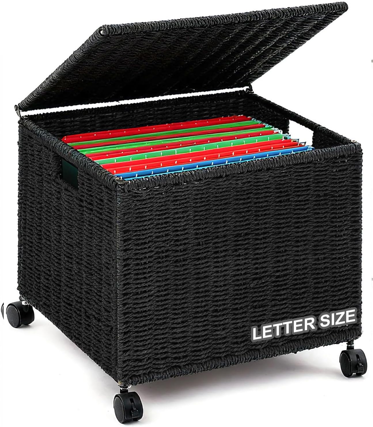 Cinnvoice Decorative Rolling File Cabinet 14 x 12 x 11.5 in Seagrass Wicker File Box Organizer for Letter & Legal Size Handwoven Hanging Filing Basket with Lid for Folder Home Office Decor Black