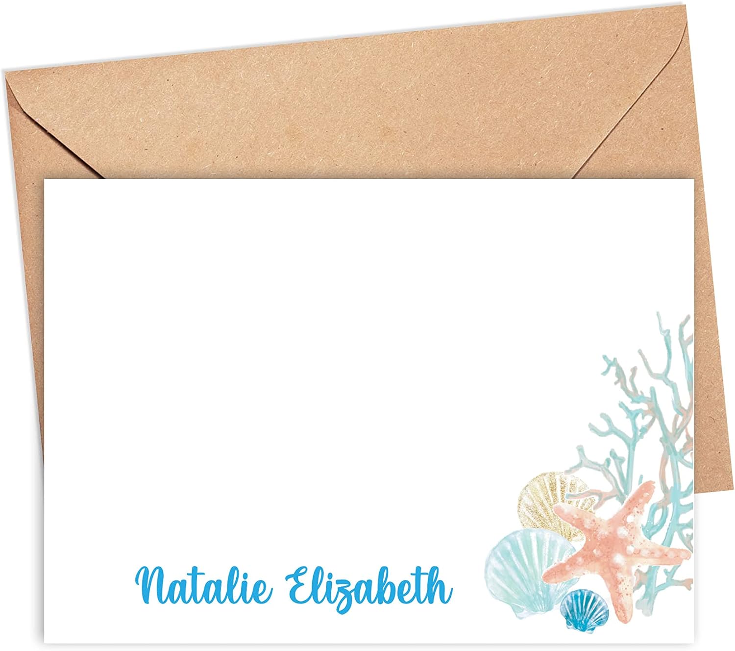 Personalized Coral and Shells Note Cards, Stationery For Her, Beach Thank You Notes, Customized Aqua Coral and Seashells Beach Cards, Set of 10 Cards and Envelopes 22-53