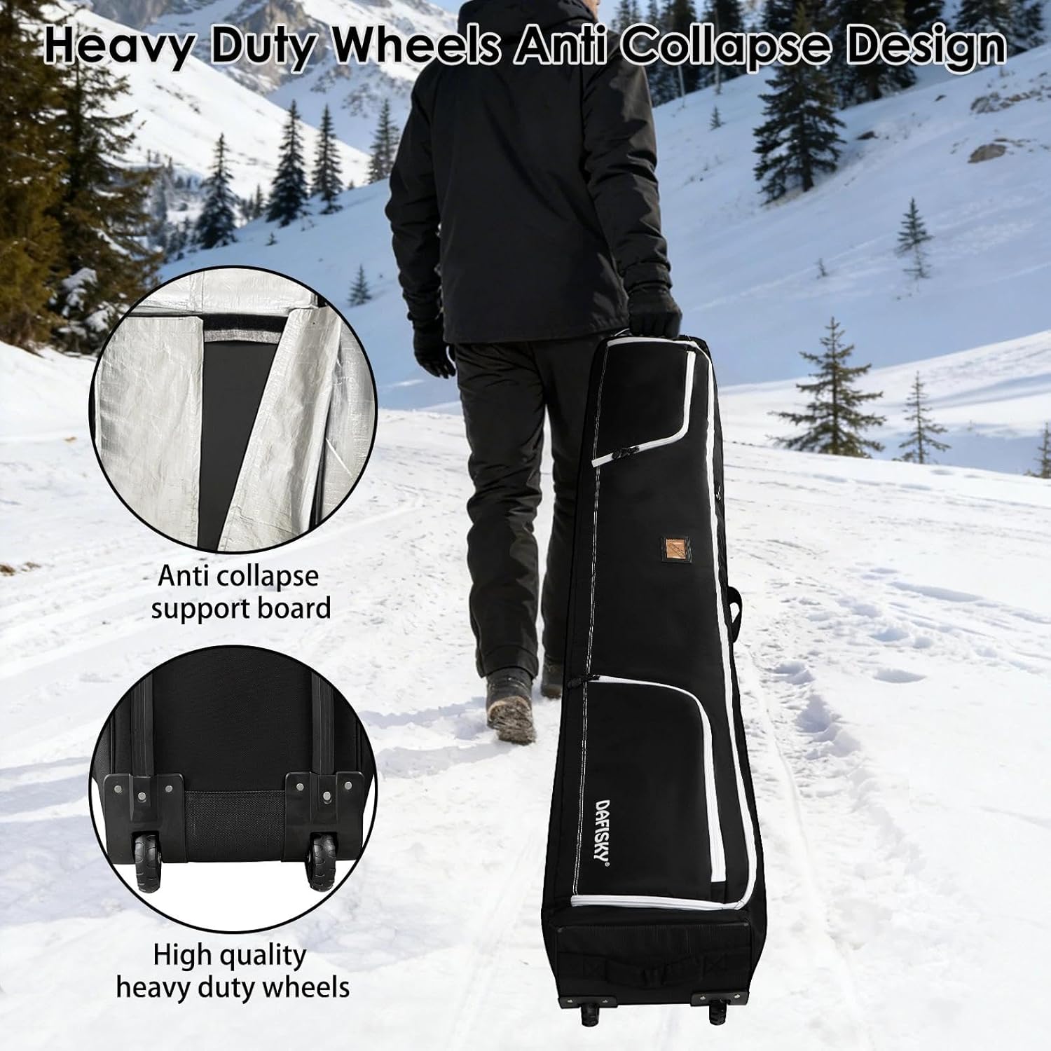 DAFISKY Ski Bags for Air Travel - Ski Bag with Wheels Fit Single Snowboard or Double Skis up to 175 or 190 cm All-Round Padded Protection for Boots, Helmet, Ski Gear