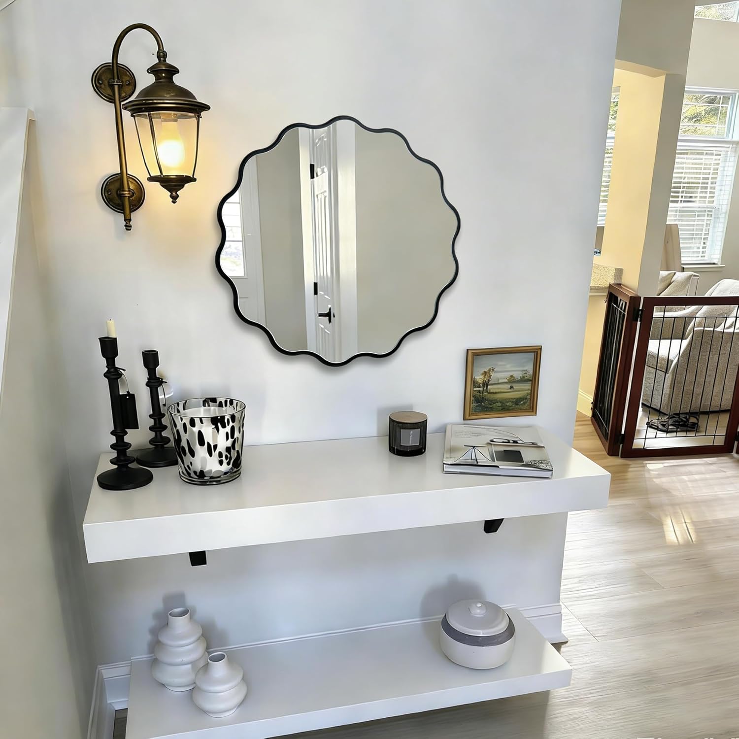 Round Wavy Black Mirror 17" Wall Decorative Mirror Wood Frame Circle Modern Mirror Bathroom Vanity Mirror for Bathroom Entryway Living Room Bedroom Hallway