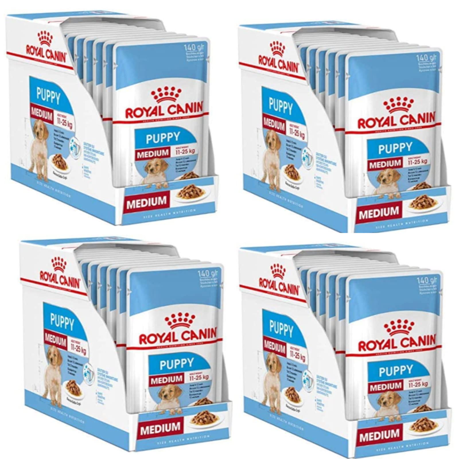 Royal Canin Medium Puppy | Paquete de 4 | 4 x 10 x 140 g | Comida húmeda para Cachorros de tamaño Mediano | hasta los 12 Meses de Edad | para el Cerebro | Trozos en Salsa