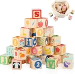 1.65” ABC Wooden Building Blocks, 26PCS Stacking Alphabet Letter and Counting Block Set with Storage Bag for Toddlers