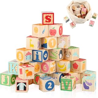 Joqutoys Wooden ABC Building Blocks for Toddlers 1-3, 26 PCS Large 1.65" Alphabet Number Stacking Toys with Storage Bag