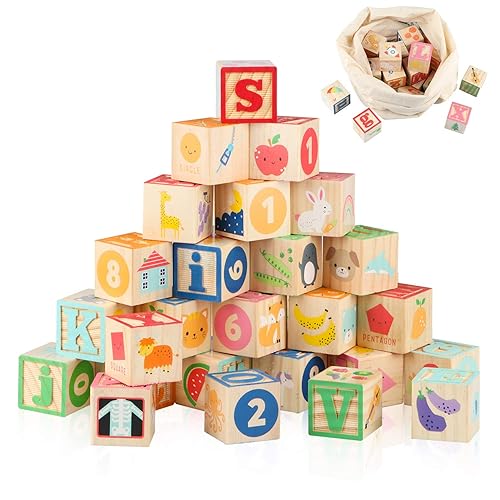 Joqutoys ABC Wooden Building Blocks for Toddlers 1-3 Large, 26 PCS Alphabet & Number Stacking Blocks, Educational Learning Toys for Boys Girls Kids Gifts 1.65'' - 26 abc blocks