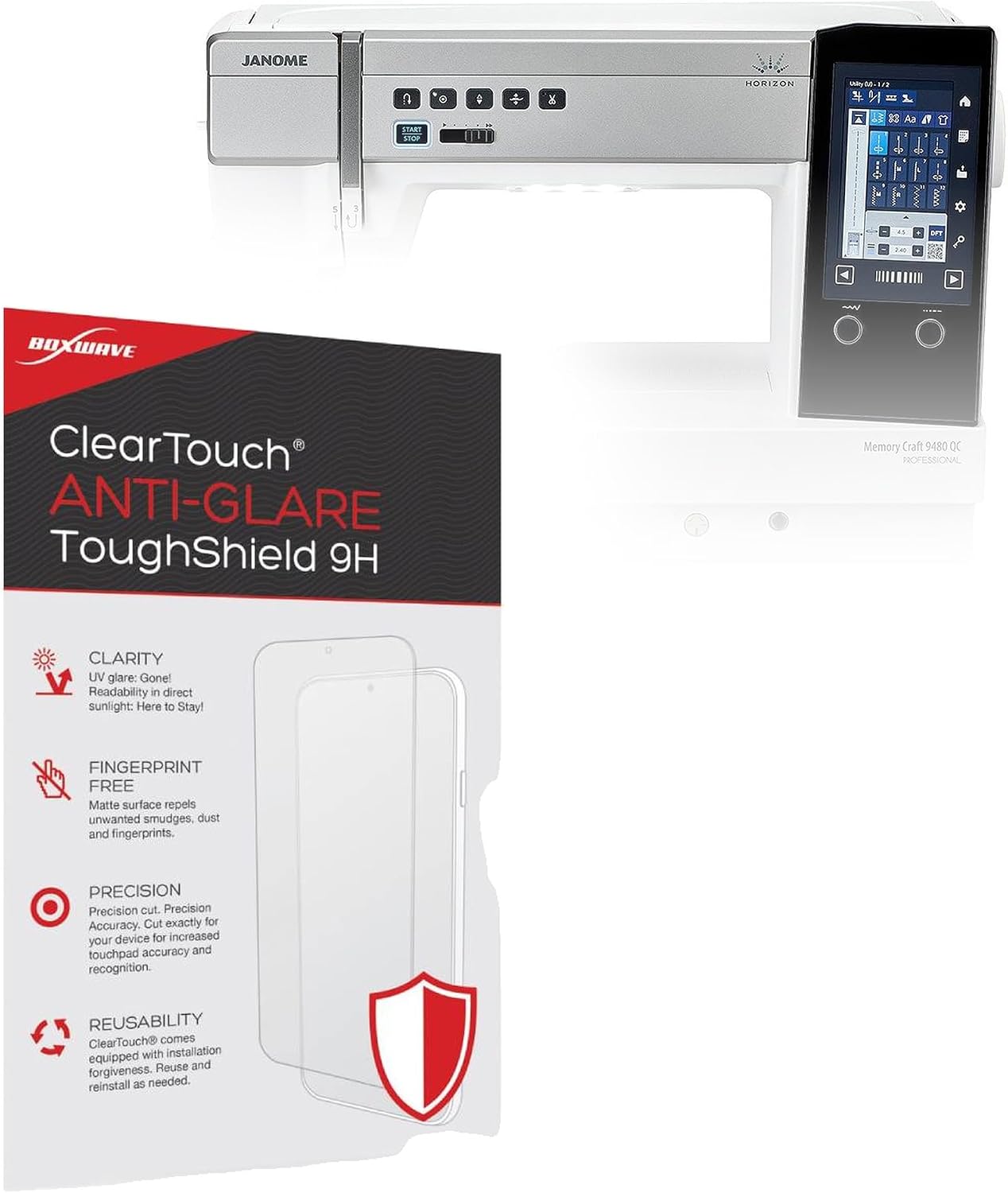 BoxWave Screen Protector Compatible with Janome Horizon Memory Craft 9480QCP Touchscreen - ClearTouch Anti-Glare ToughShield 9H (2-Pack), Anti-Glare 9H Tough Flexible Film Screen Protector