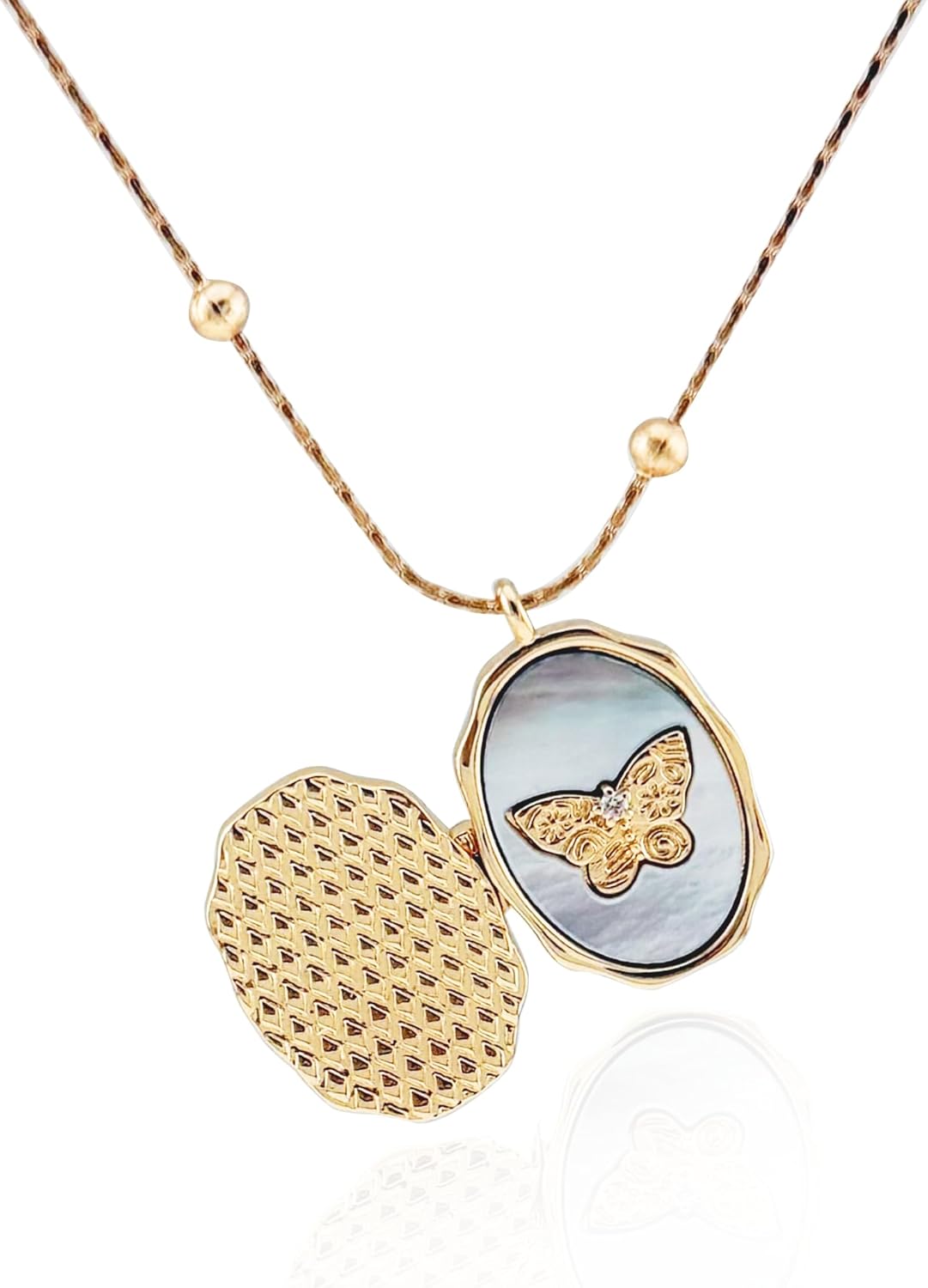 Dainty Gold Necklace for Women, 14k Gold Butterfly Shell Small Locket Charm, Gifts for Women