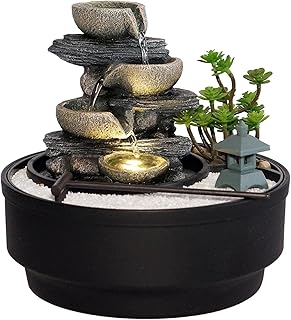 Indoor Tabletop Water Fountain with LED Lights & Pagoda, 4-Tier Rock Cas...