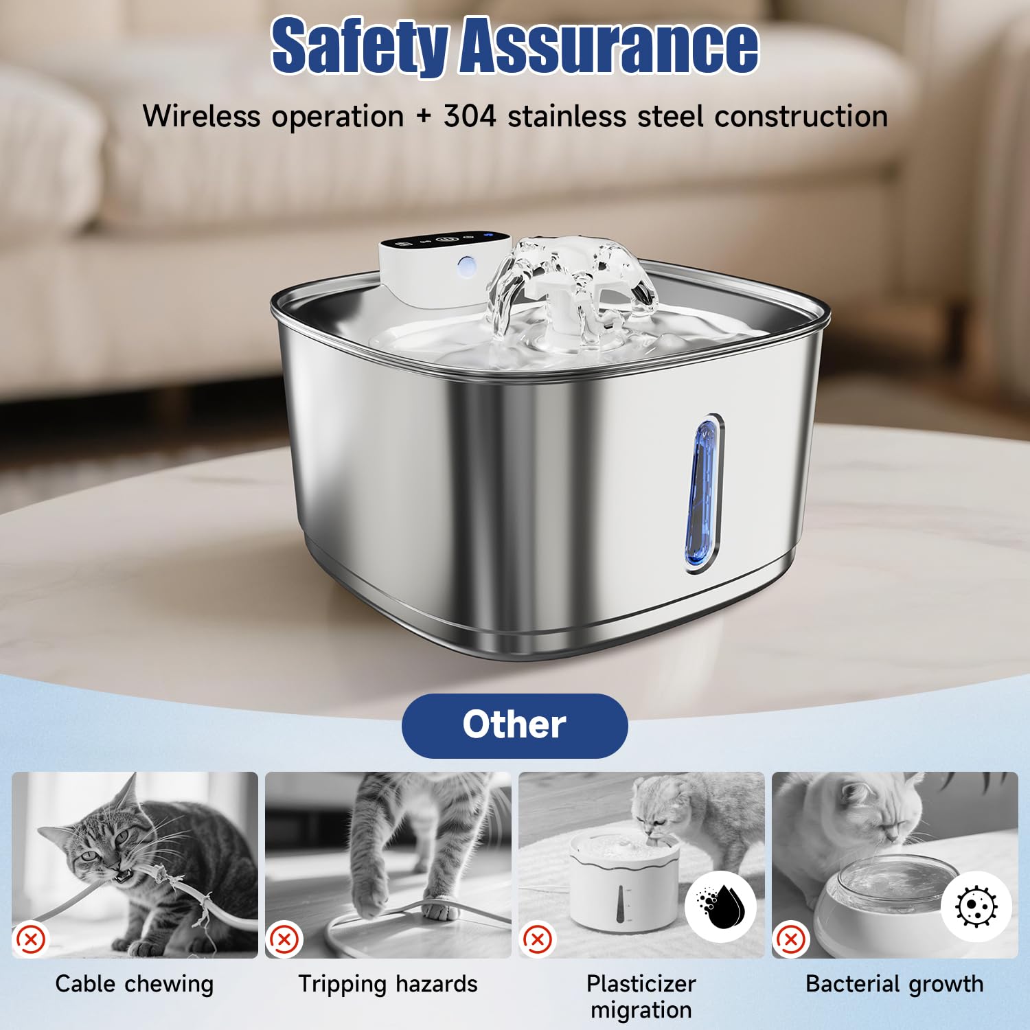 Fuente de agua para gatos de 3.2 L para beber con sensor de movimiento, fuente de agua de acero inoxidable para mascotas, dispensador de agua inalámbrico para perros, funciona con pilas y