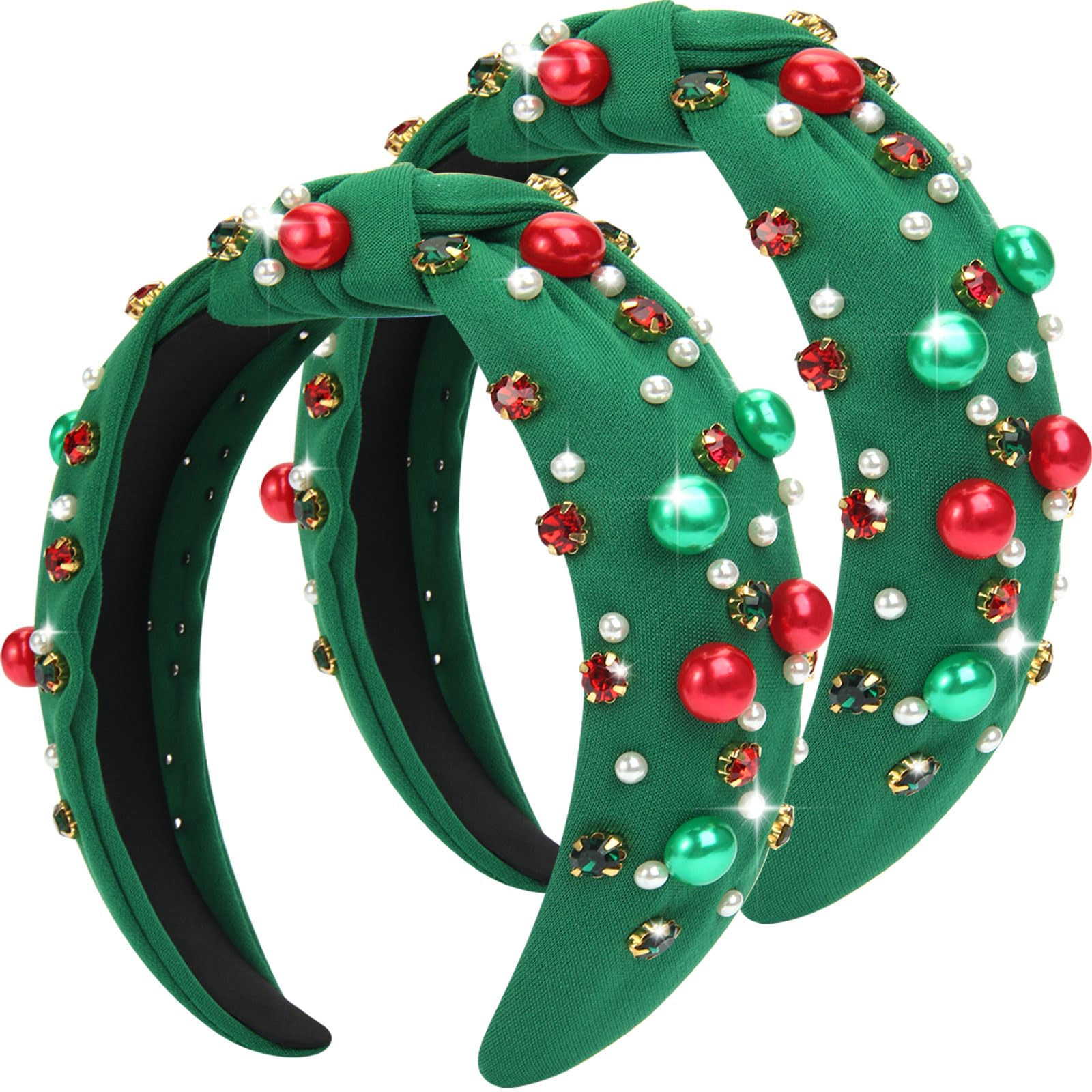 2Pcs Christmas Headbands for Women - Red Green Pearl Rhinestone Crystal Jeweled Headbands - Fashion Elegant Wide Top Knot Christmas Headband for Holiday Costumes for Women Accessories(Green)