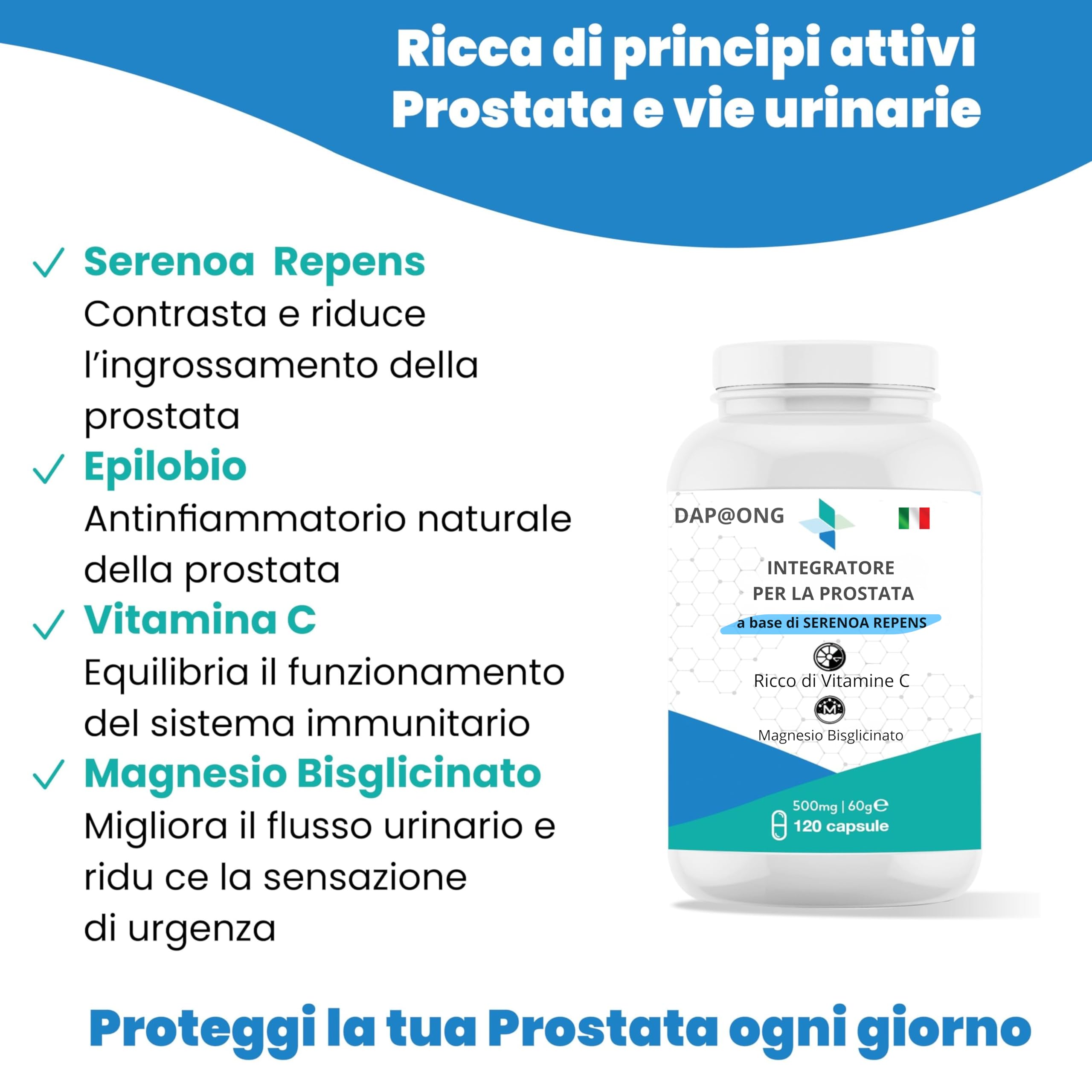 Integratore Prostata Uomo *a basse di SERENOA REPENS*(Saw Palmetto)* Epilobio* Orthosiphon* Zinco* Selenio* Magnesio Bisglicinato*Vitamina C e D3* 120 Capsule* Formula Potente con 8 Estratti Naturale
