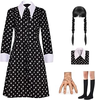 Black Dress Costume for Women White Collar Mercredi Dress Halloween Long Sleeves Cosplay Outfits with Wigs