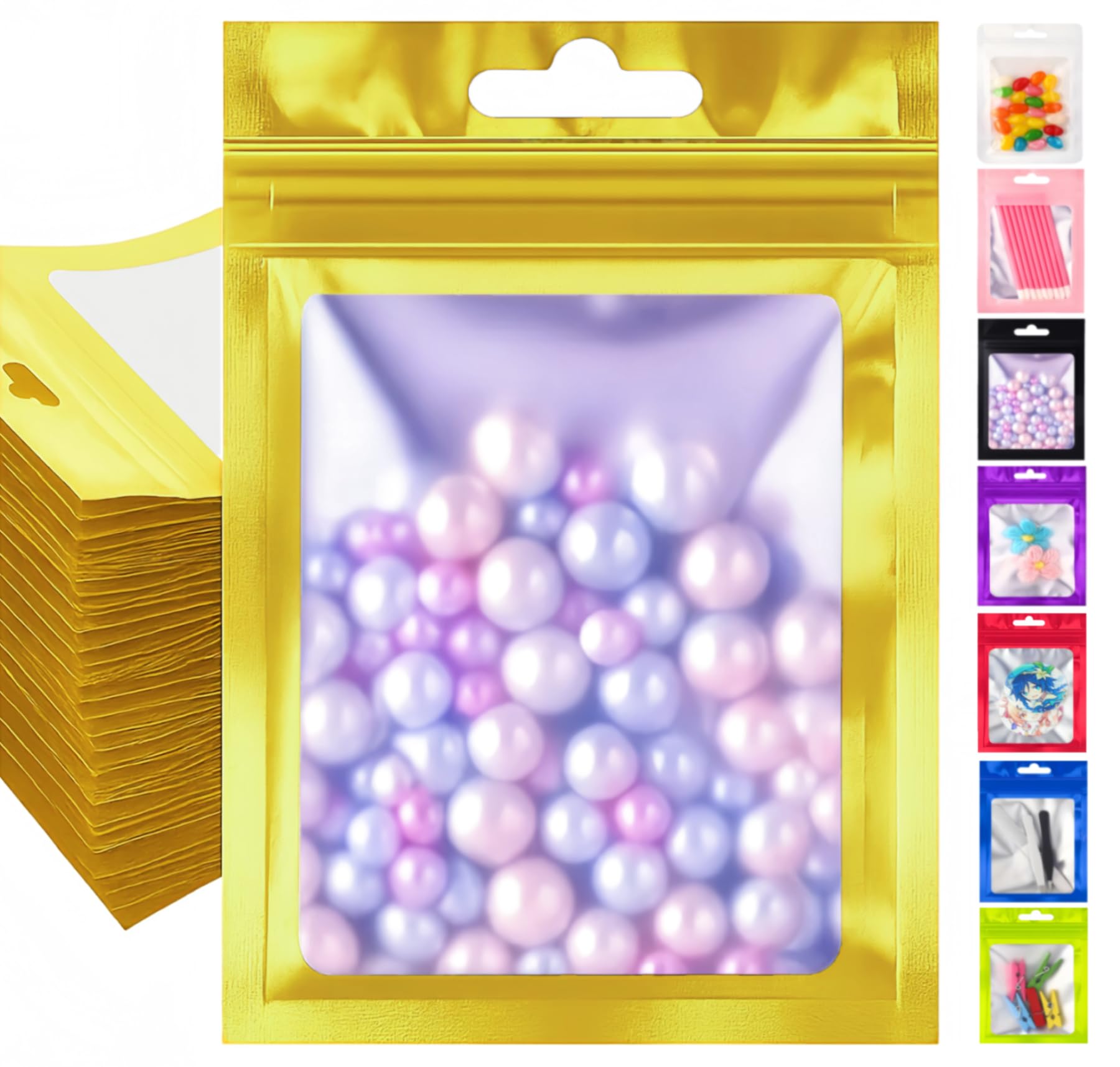 Plaphy 100Pcs Resealable Mylar Bags with Window,Ziplock Bags(Gold, 14x22cm)