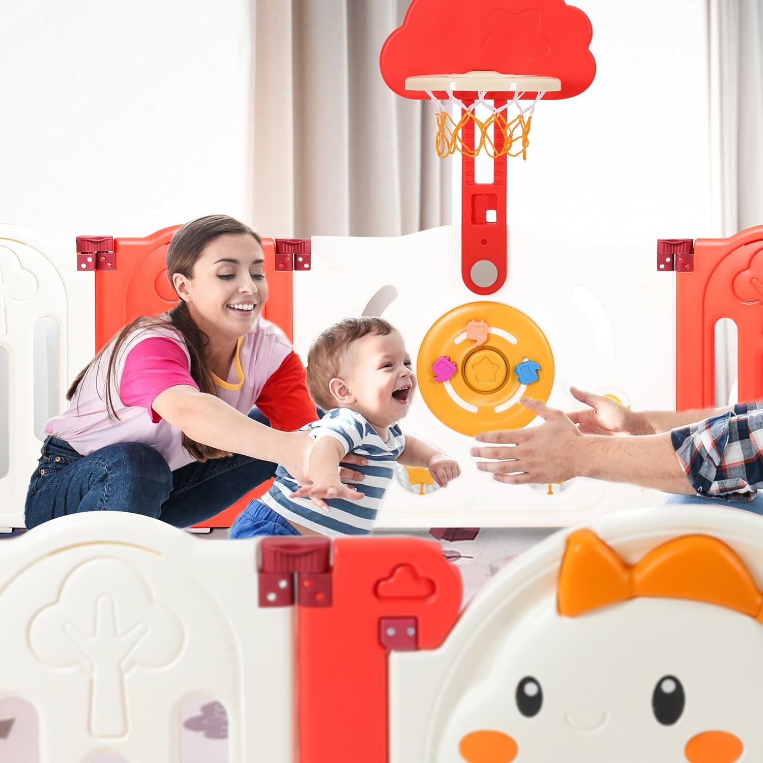 Dollate Cartoon Baby Playpen, Baby Playards with Crawling Mat, Basketball Stand and 100 Ocean Balls, Safety Playards with Fun-Filled Game Design for Babies and Toddlers-18 Pcs Panels