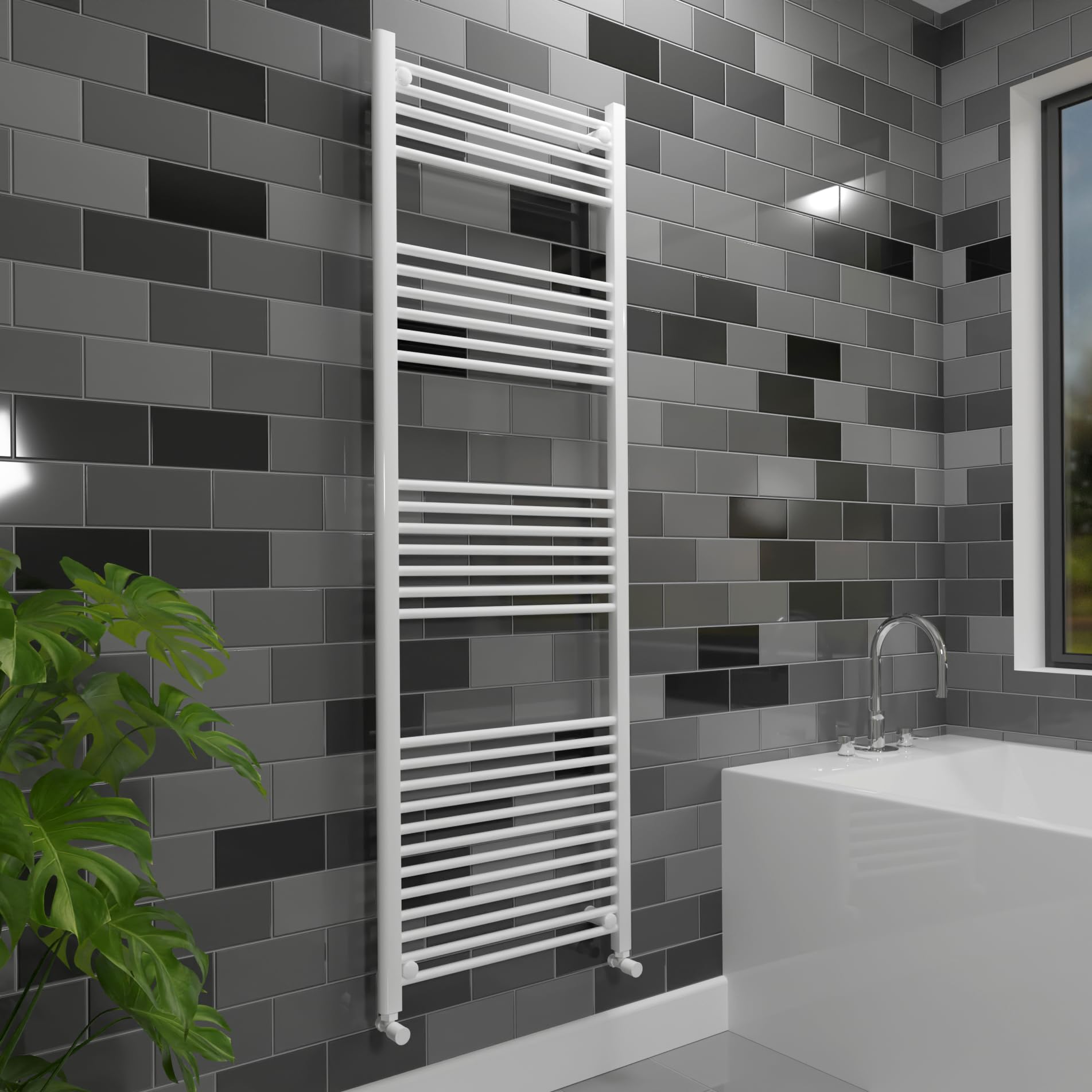 600mm (w) x 1800mm (h) Straight White Gloss Heated Towel Ladder Rail Bathroom Radiator - 3760 BTUs