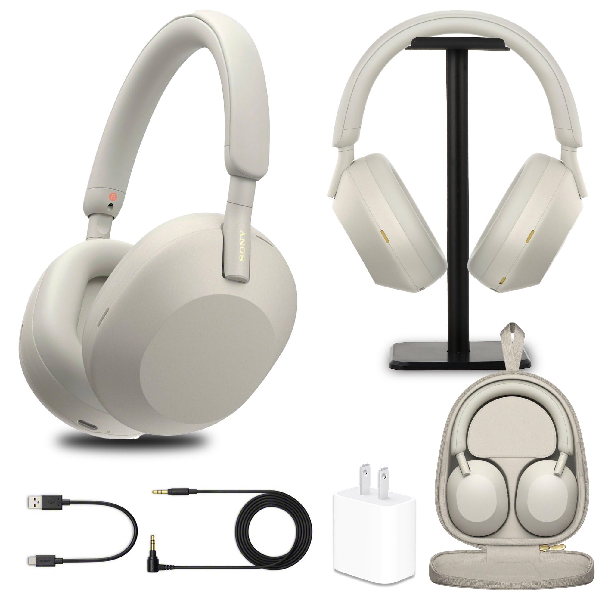 Sony WH-1000XM5 Wireless Noise Canceling Headphones with Auto Noise Canceling Optimizer, Crystal Clear Hands-Free Calling, and Voice Control, Silver + Headphone Stand + USB Adapter (Renewed)