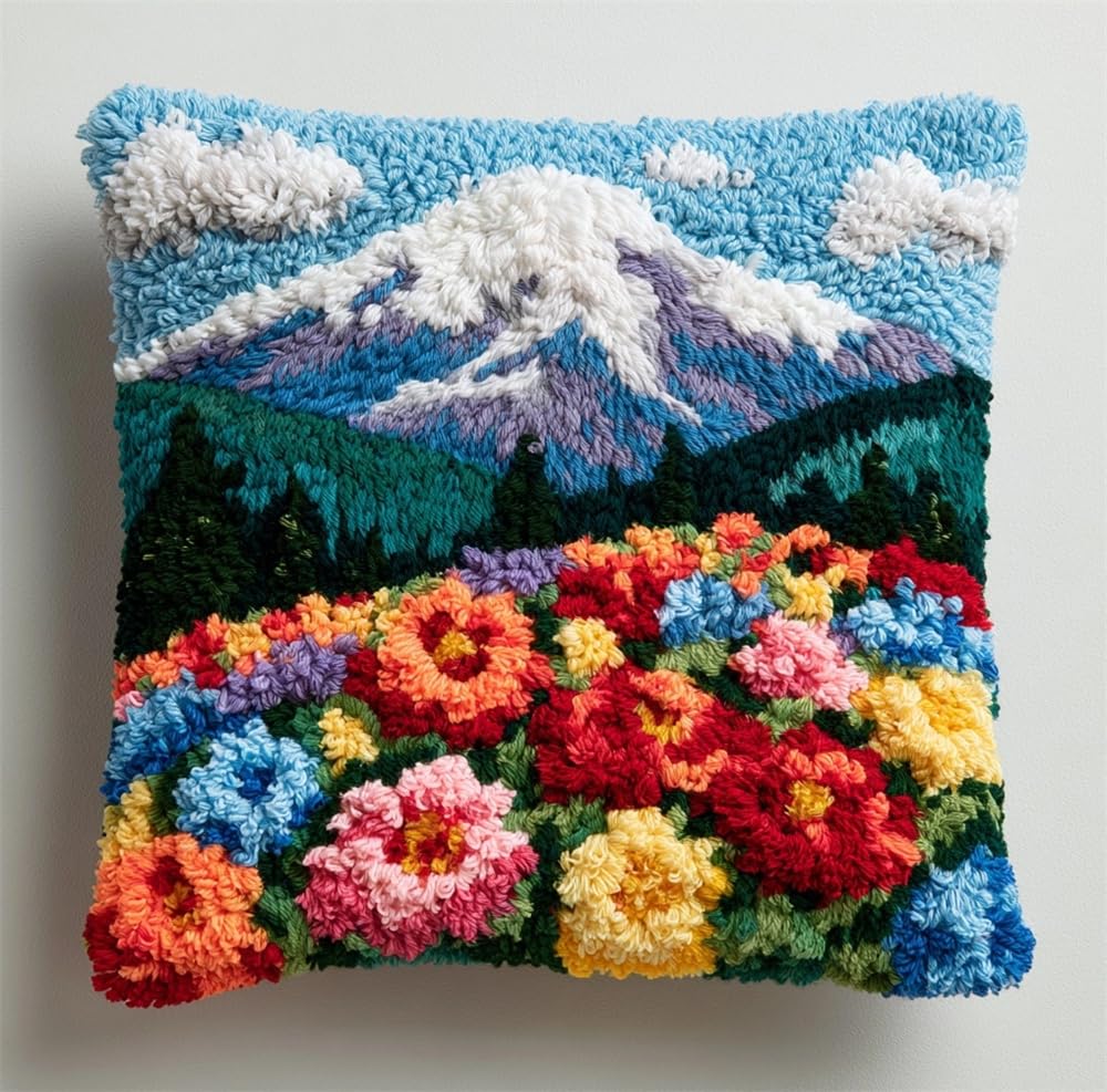 FWRTYCB Latch Hook Cushion Kits for Adults, Mountain Flowers Pillow Hook A
