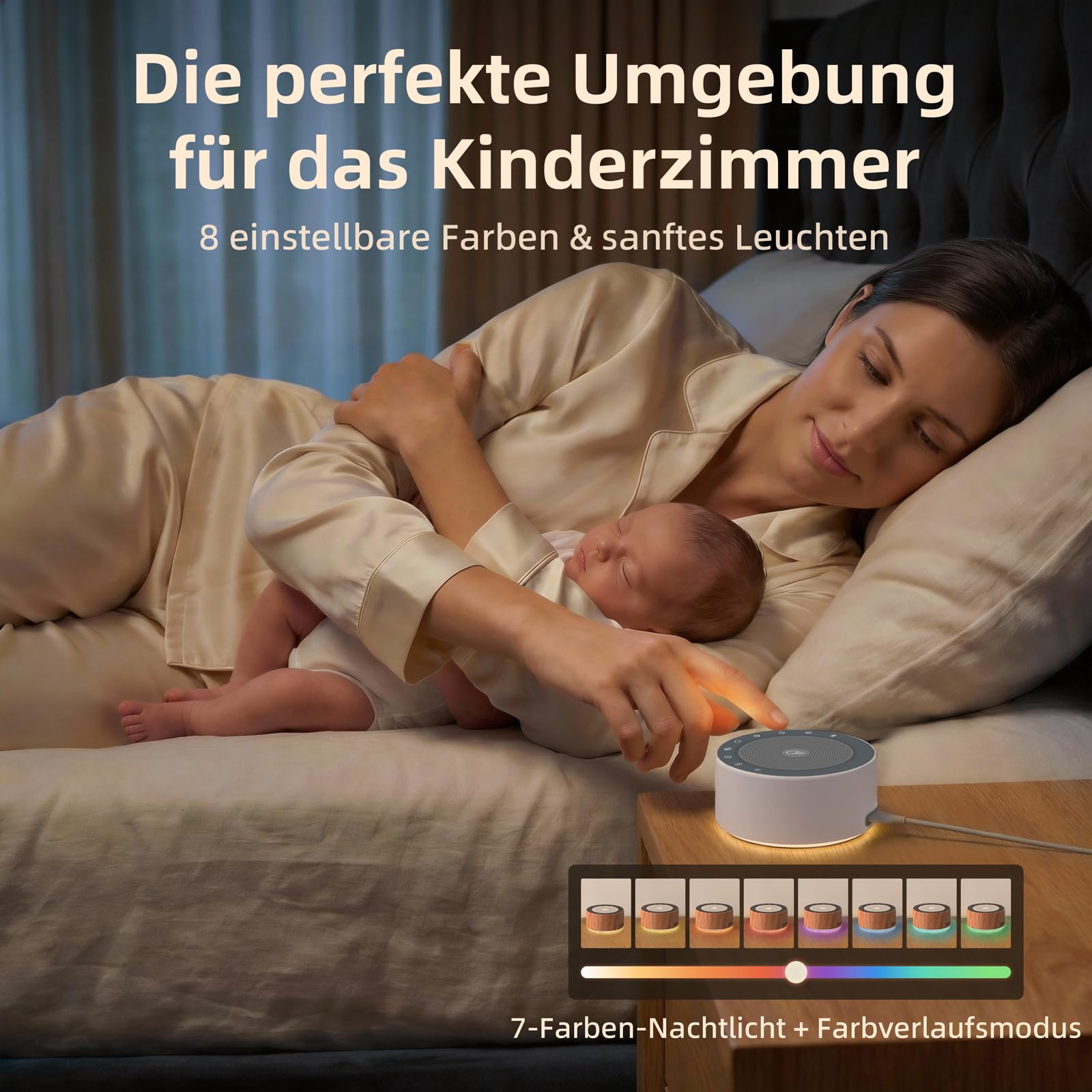 KIPCUSH Weißes Rauschgerät mit 30 High-Fidelity-Soundtracks, Sound-Maschine für Babys, Erwachsene, 7 Farben Nachtlichter, Voll-Touch-Tuch Gitter und Tasten, Timer