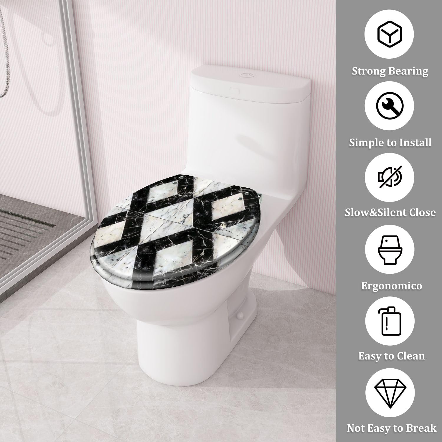 Round Toilet Seat Black white marble bricks wall marble wall Resin Toilet Seat Quietly Close Quick Release Hinges Decorative Toilet Seat with Cover Easy to Install