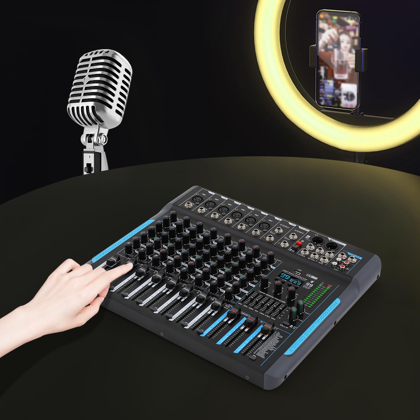 Mixer audio DJ a 10 canali, sistema di console, mixer audio DJ mixer, mixer audio stereo con 10 canali, per palcoscenico KTV, professionale per feste di registrazione