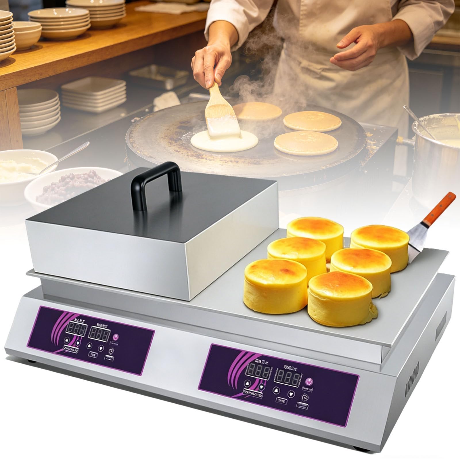Ymnogjie Commercial Pancake Maker,Non Stick Souffle Machine with Temperature Control,Electric Muffin Maker,Stainless Steel,Ideal for Home Kitchen,Restaurant,Snack Bar DoubleHead