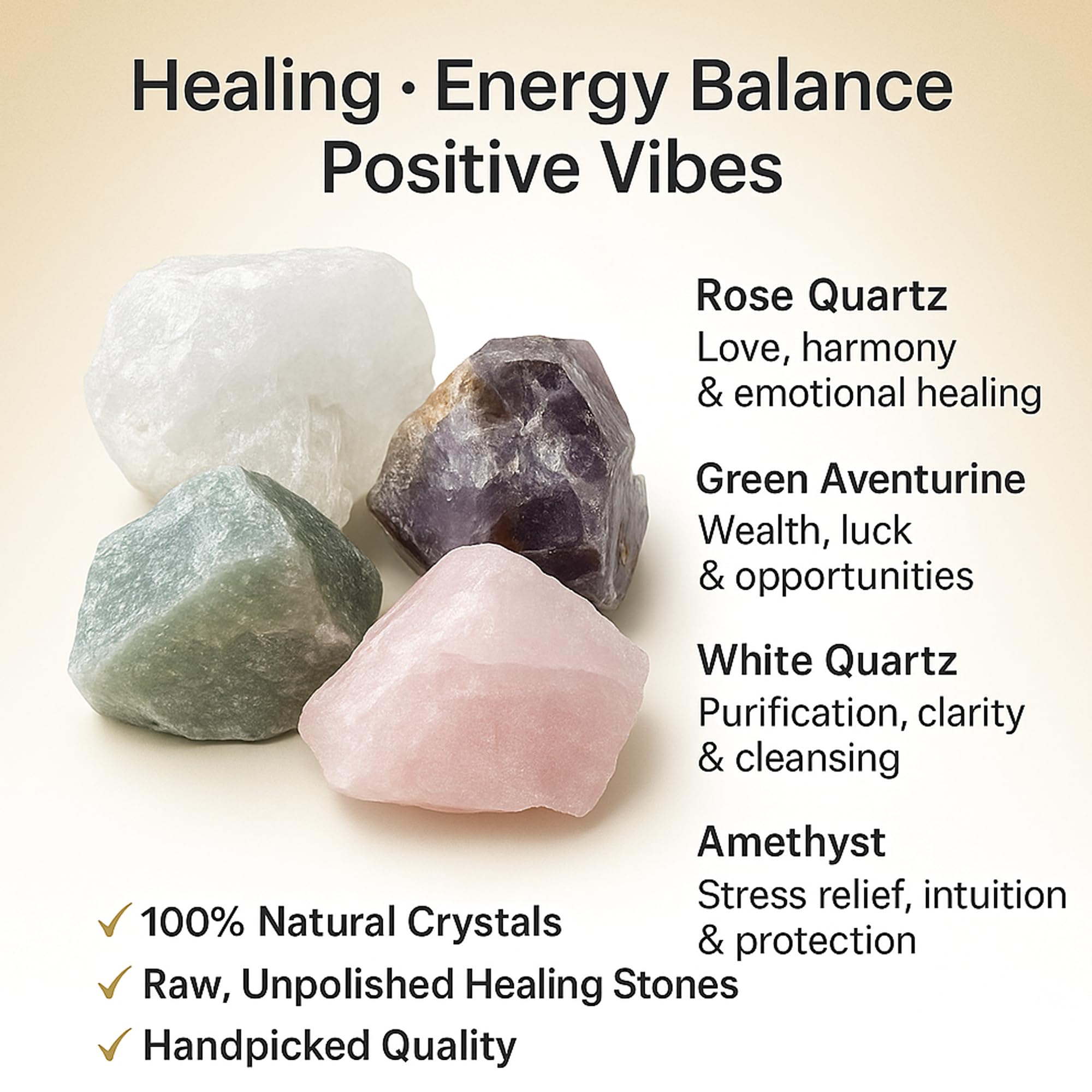 SEREIN Rose Quartz, White Quartz, Amethyst & Green Aventurine 250gm Raw Stone Natural Healing Crystal Rough Rock for Love, Protection, Clarity, Luck & Energy Balance Feng Shui Meditation & Home Decor 1