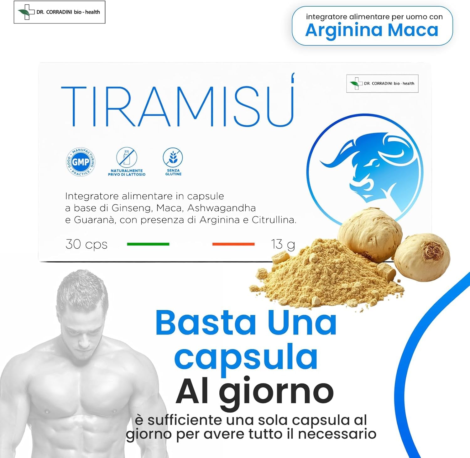 Dr. Corradini Tiramisù Integratore Uomo per Vigore con Maca Peruviana, Arginina, Citrullina, Ashwagandha, Caffeina, Ginseng - Made in Italy, 30 Giorni di Fornitura
