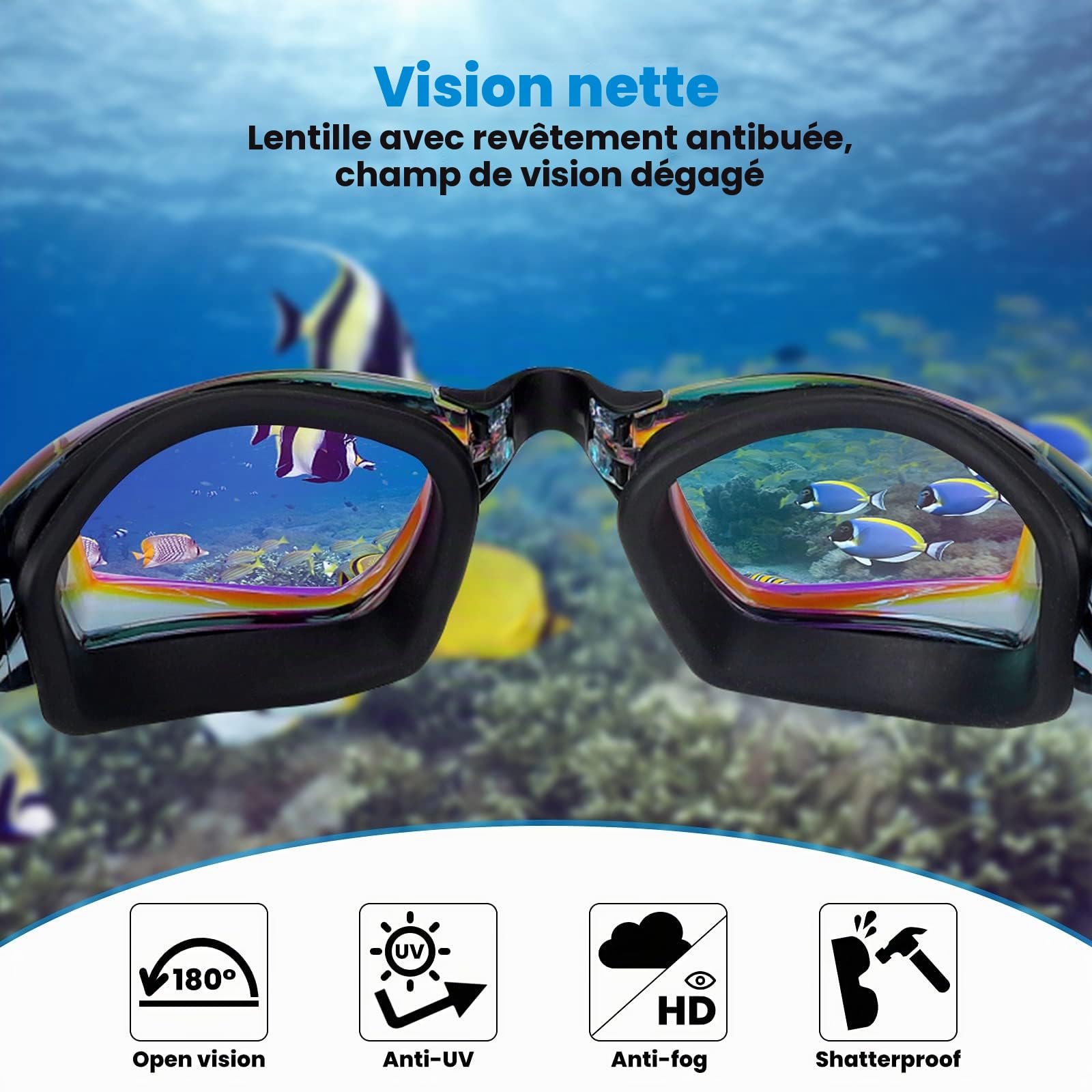 Lunettes de Natation,Lunettes de Natation à Verres Polarisés Anti-buée et Protection UV pour Hommes Femmes Adultes Adolescents