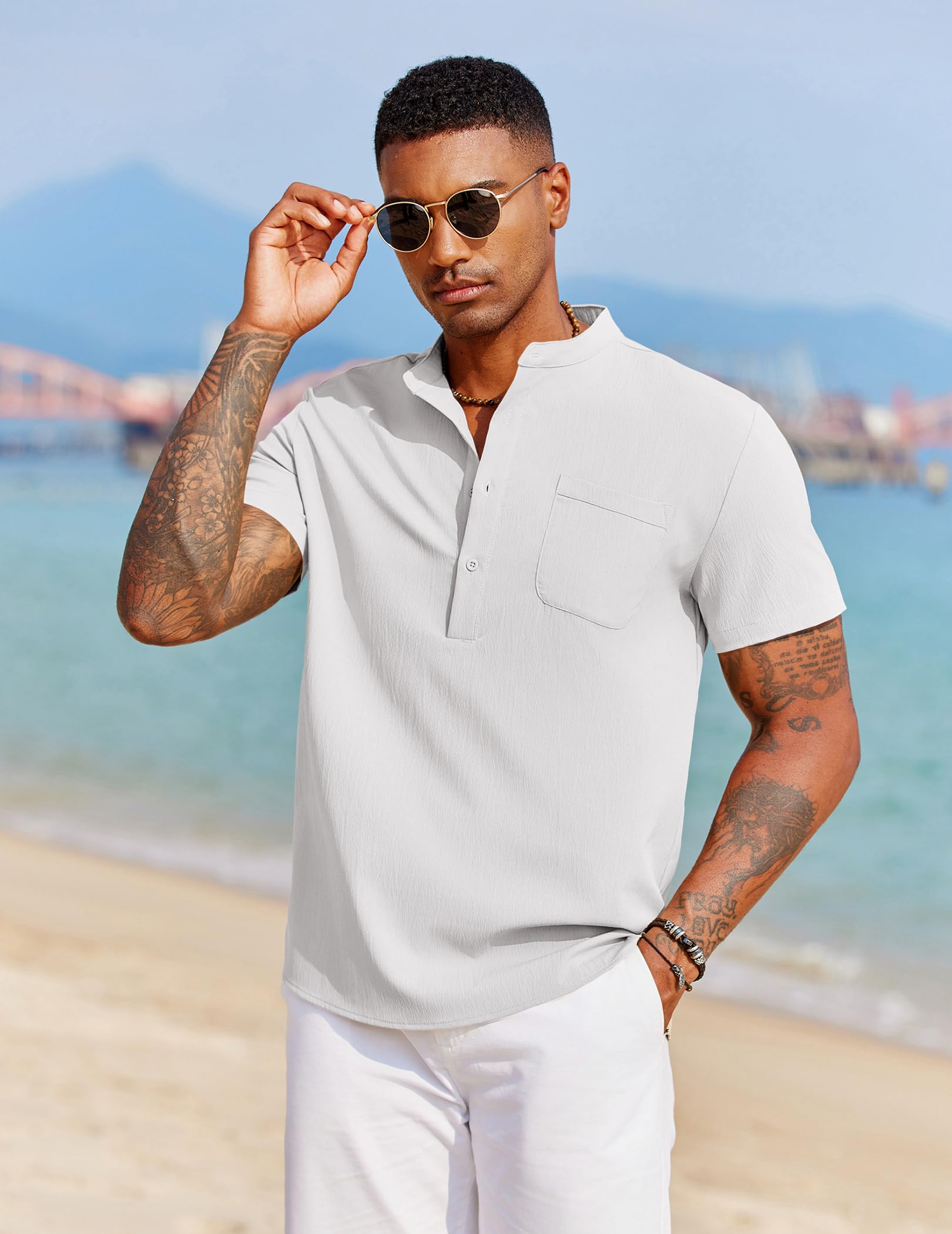 COOFANDY Camicia da uomo casual Henley a maniche corte estiva da spiaggia con colletto a fascia hippie Henley t-shirt con tasca