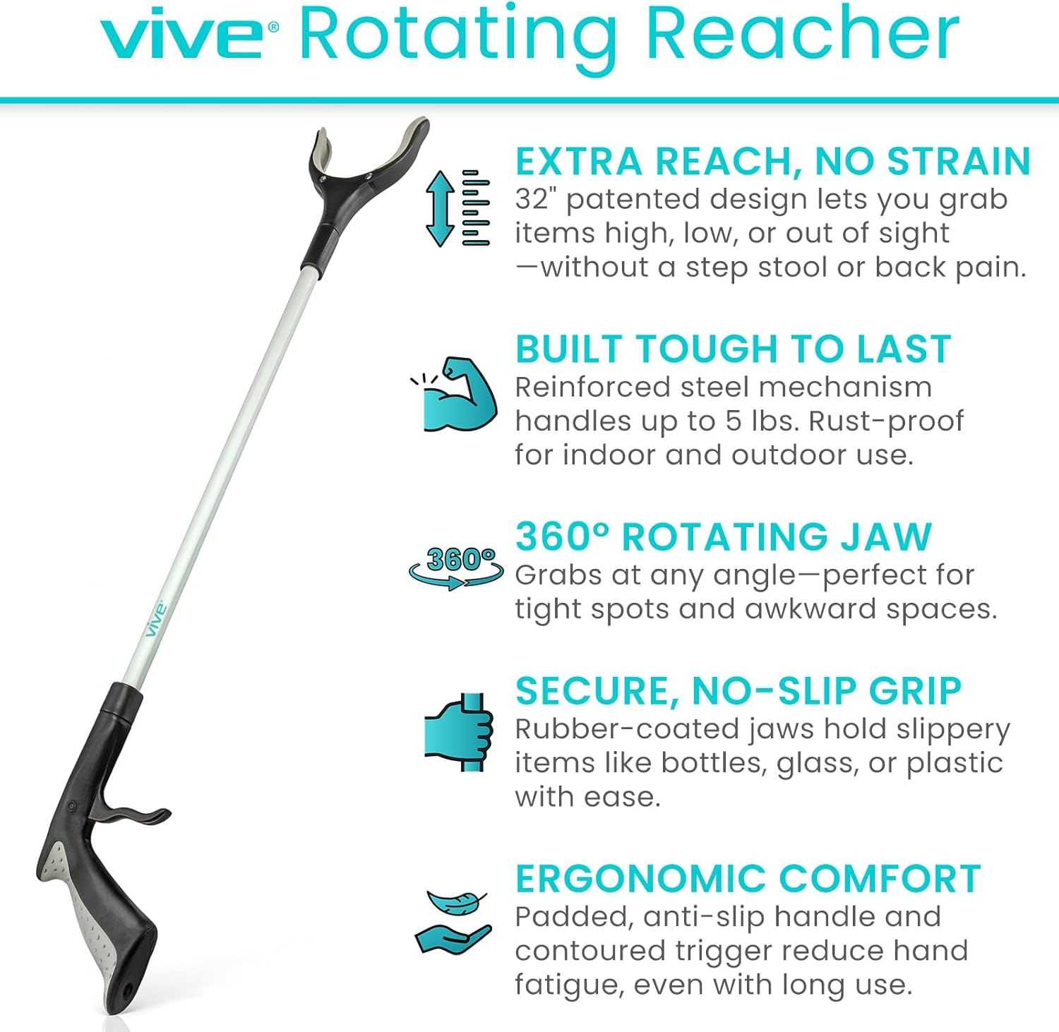 Vive Reacher Grabber 32" - Extra Long Mobility Aid - Rotating Hand, Heavy Duty Grip Arm - Reaching Assist Tool for Trash Pickup, Litter Picker, Garden Nabber, Disabled, Handicap Arm