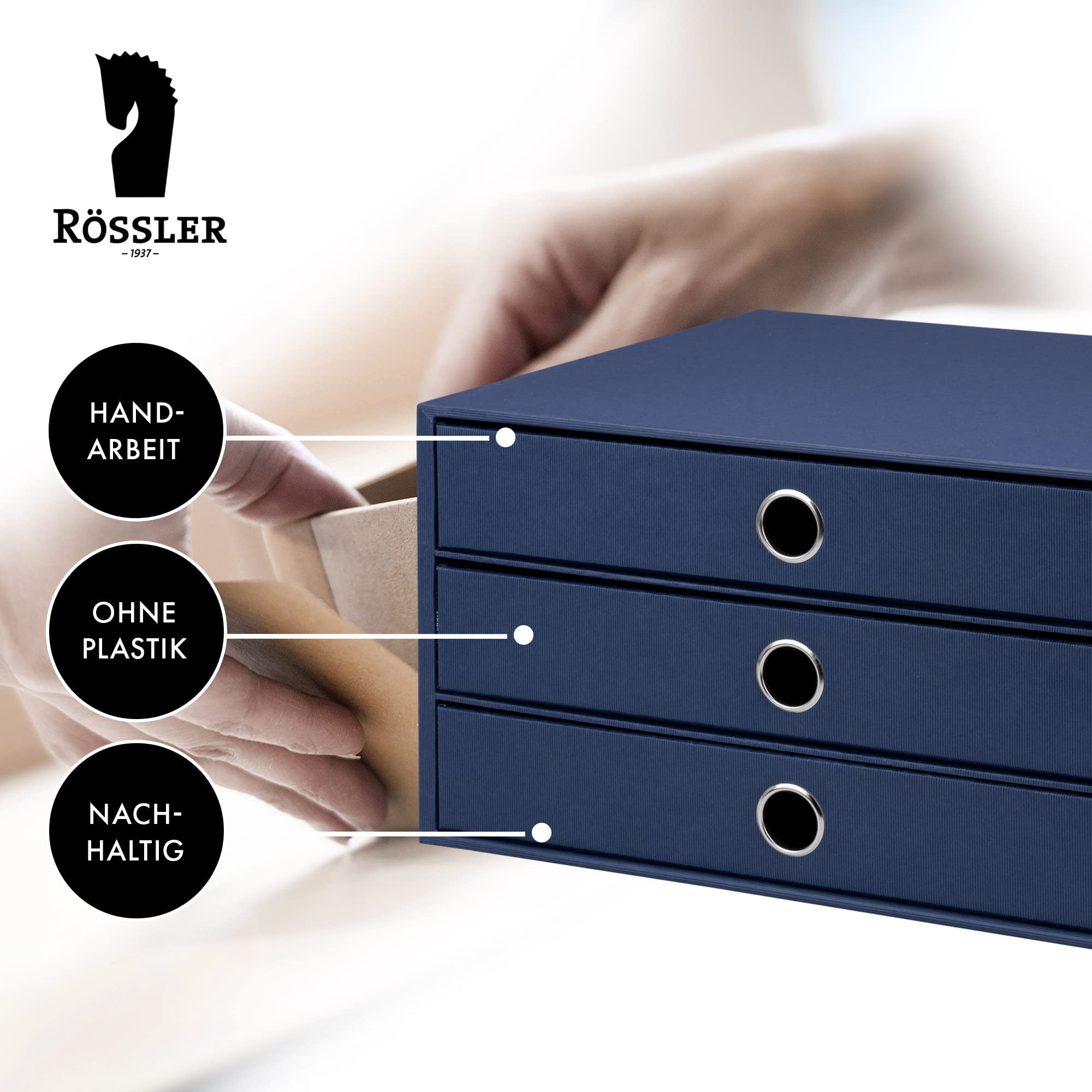 Rössler SOHO 3er Schubladenbox A4 aus Papier | Büro Organizer Schreibtisch| Schubladen Organizer Büro Zubehör & Bürobedarf | Schreibtisch Organizer Box | 34 x 25 x 19 cm | 1 Stück | Farbe: Navy | Schreibtisch Organizer für Dokumente, Unterlagen, Bürozubeh