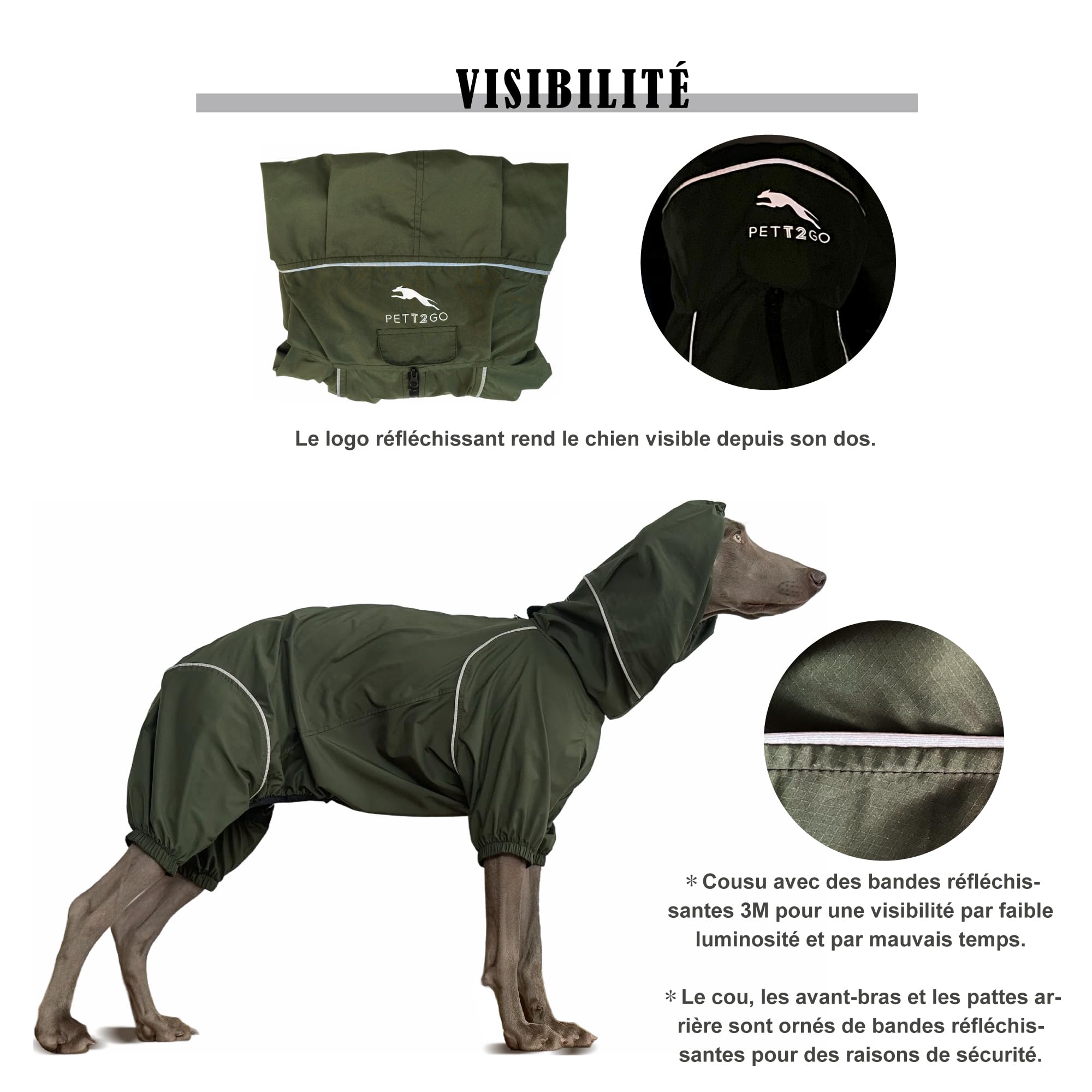 Coupe-Vent Léger pour Chien, Manteau avec Jambes, à Capuche, Trou pour Laisse, Réfléchissant, Compactable - Olive Foncé- XLarge(Mâle)