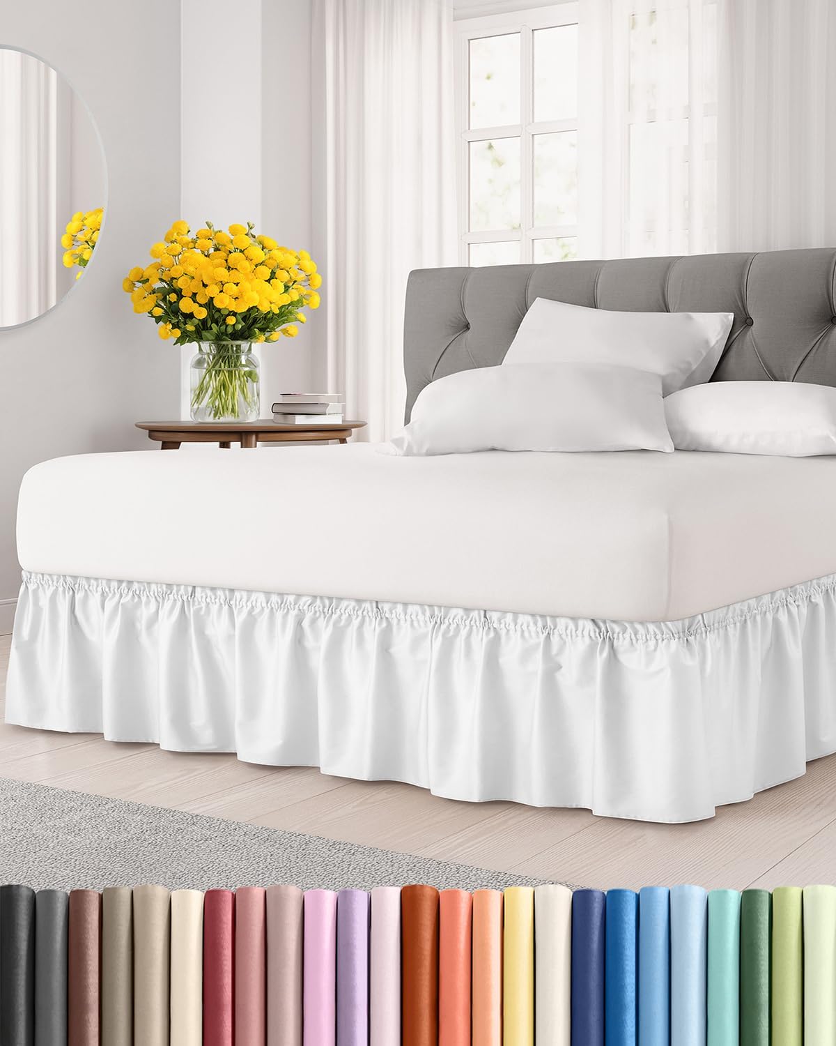 Wrap Around Dust Ruffle Bed Skirt - White - for Twin Size Beds with 18 Inch Drop - Easy Fit Elastic Strap - Adjustable Pleated Bedskirt w/Brushed Fabric - Wrinkle Free - for Women, Men, Kids & Teens