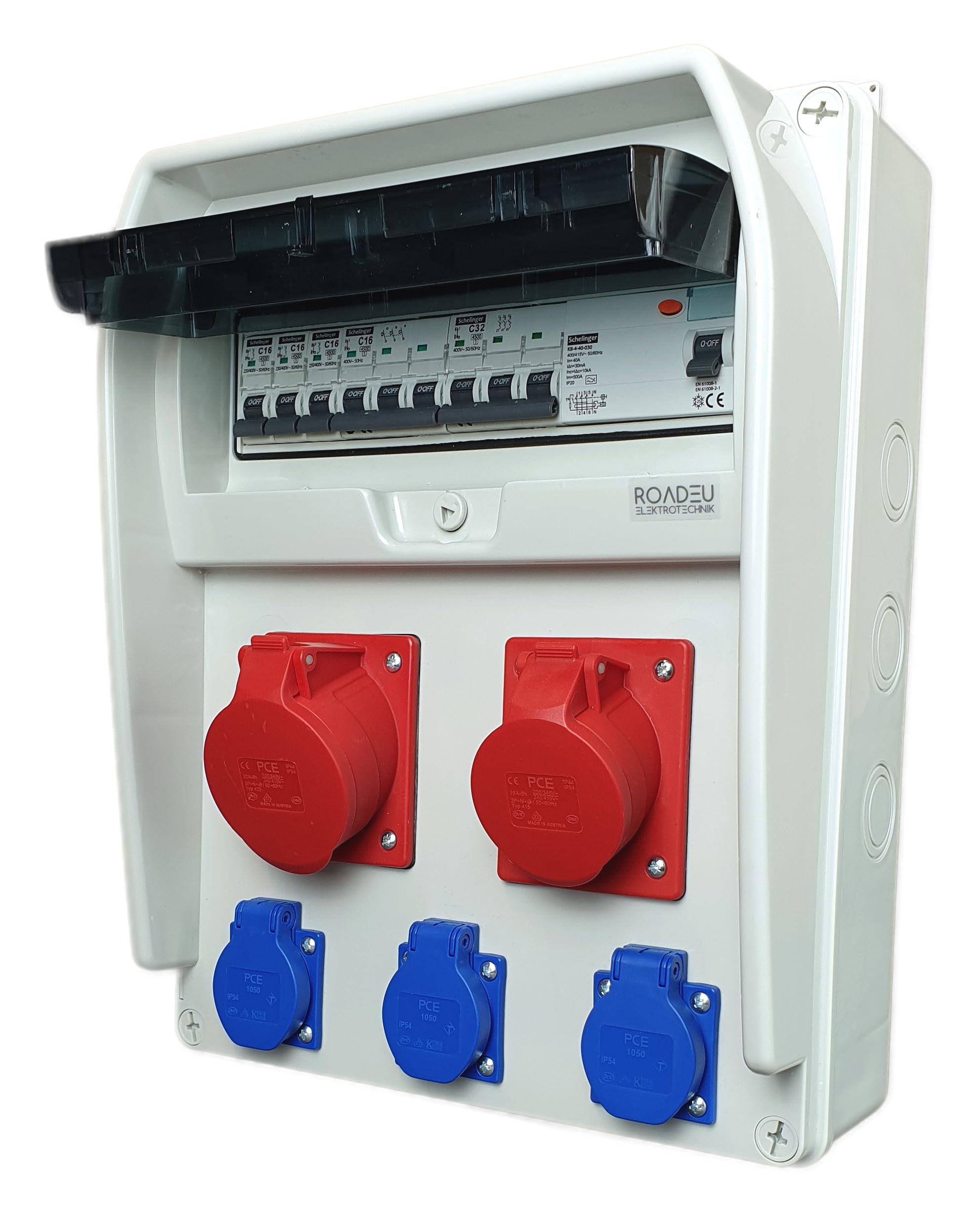 RoadEu - Caja de Distribución Eléctrica - Enchufe 32A y 16A con Schuko 230V - Distribuidor de corriente con interruptores automático y 1x diferencial. IP44 Ideal para Taller, Cobertizo y Fábricas