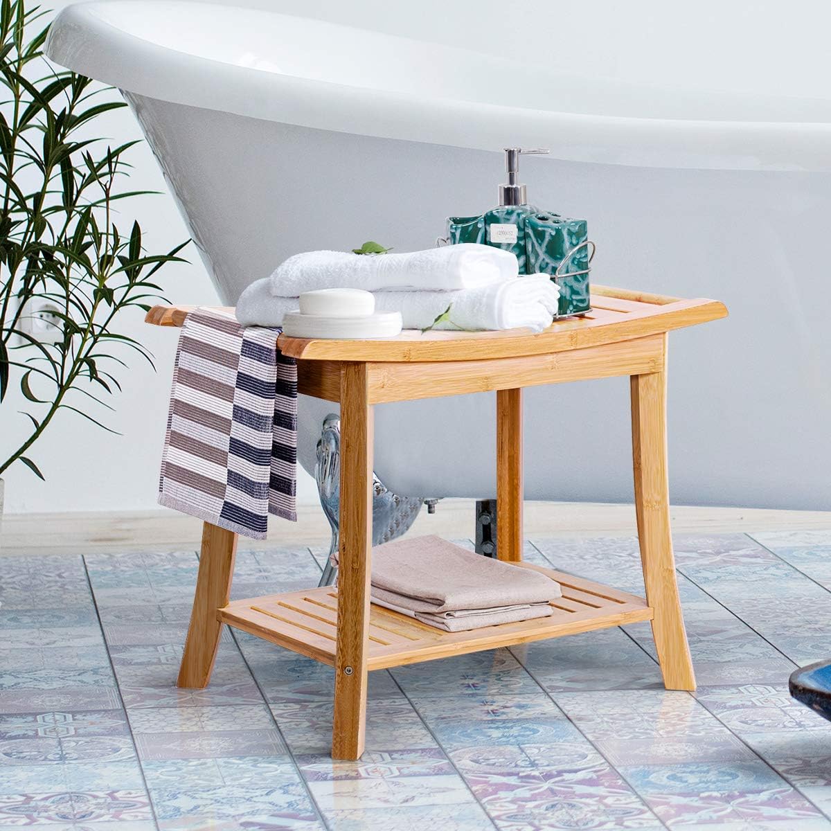 Giantex Bamboo Shower Bench Seat with Storage Shelf, Shower Spa Chair Seat Bench Organizer Stool for Indoor or Outdoor (24"x13"x18")