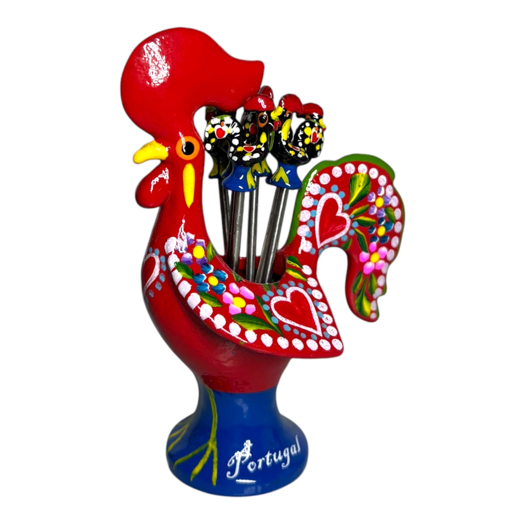 Gallo portugués pintado a mano de 11 cm de Barcelos símbolo buena suerte con 6 palitos