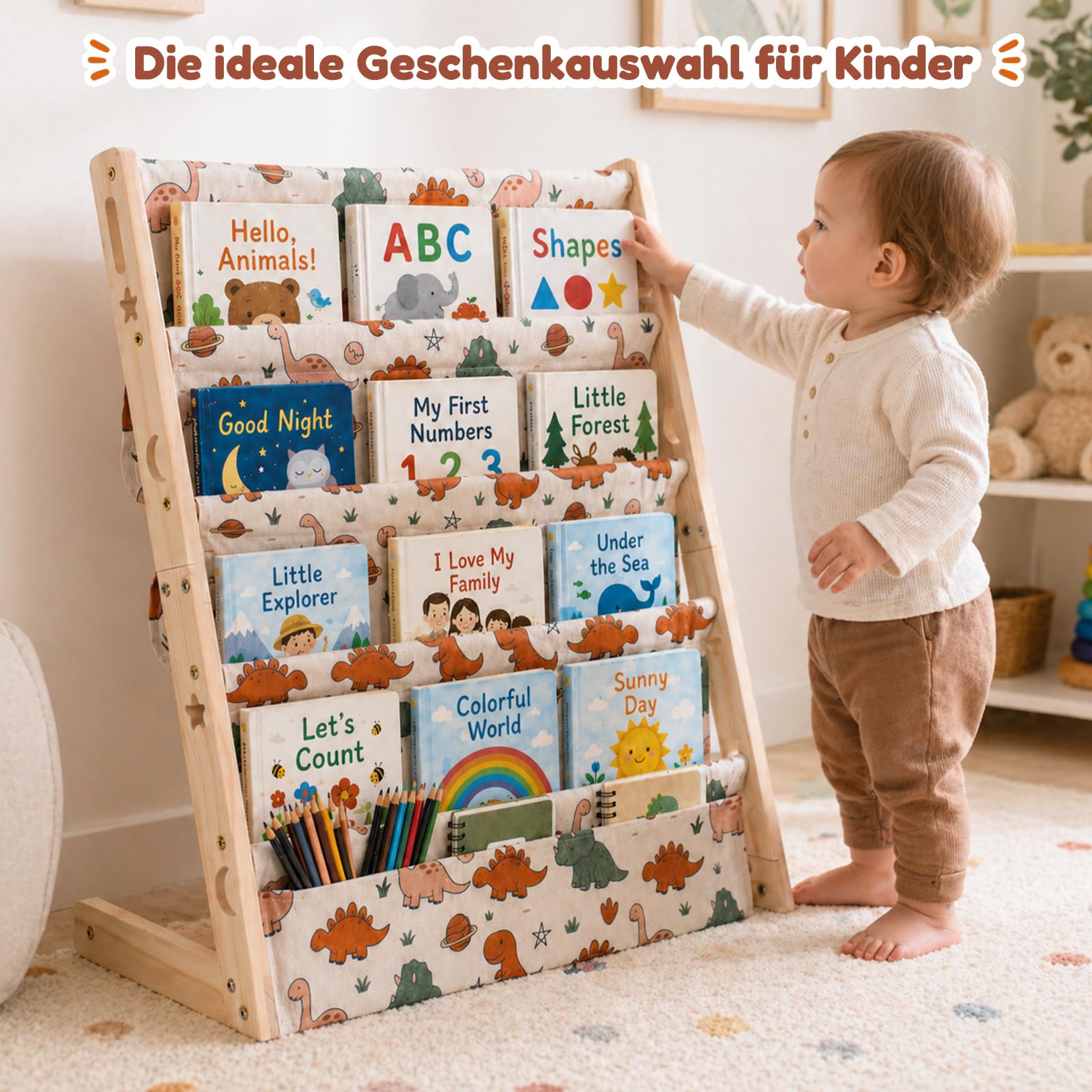 COSYLAND Bücherregal Kinder aus Kiefernholz, 4 Tiefe Fächer für Übersicht