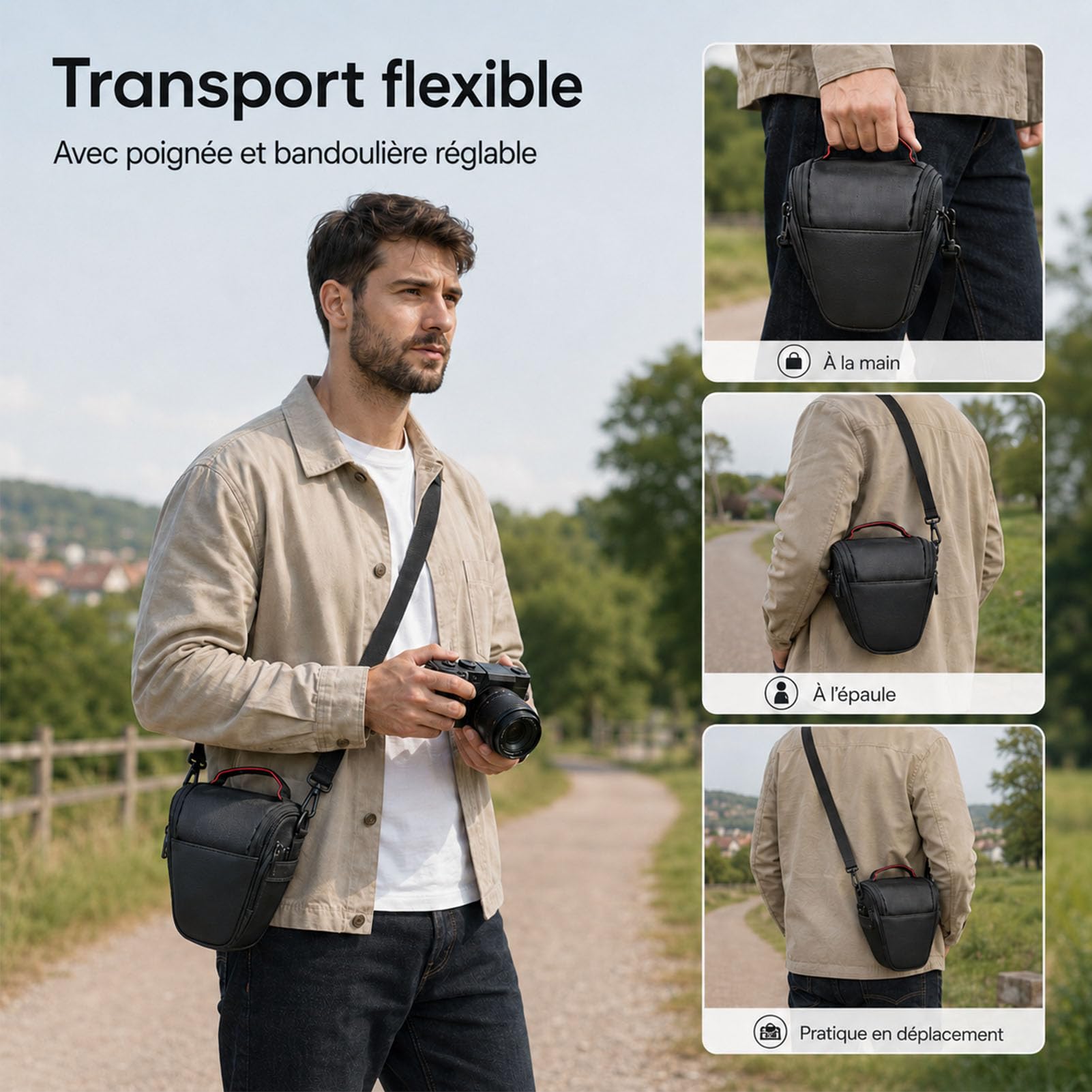 Sac Appareil Photo Noir 21x18x11 cm Sacoche Compacte pour Hybride Numérique Reflex DSLR SLR Bandoulière Amovible Réglable