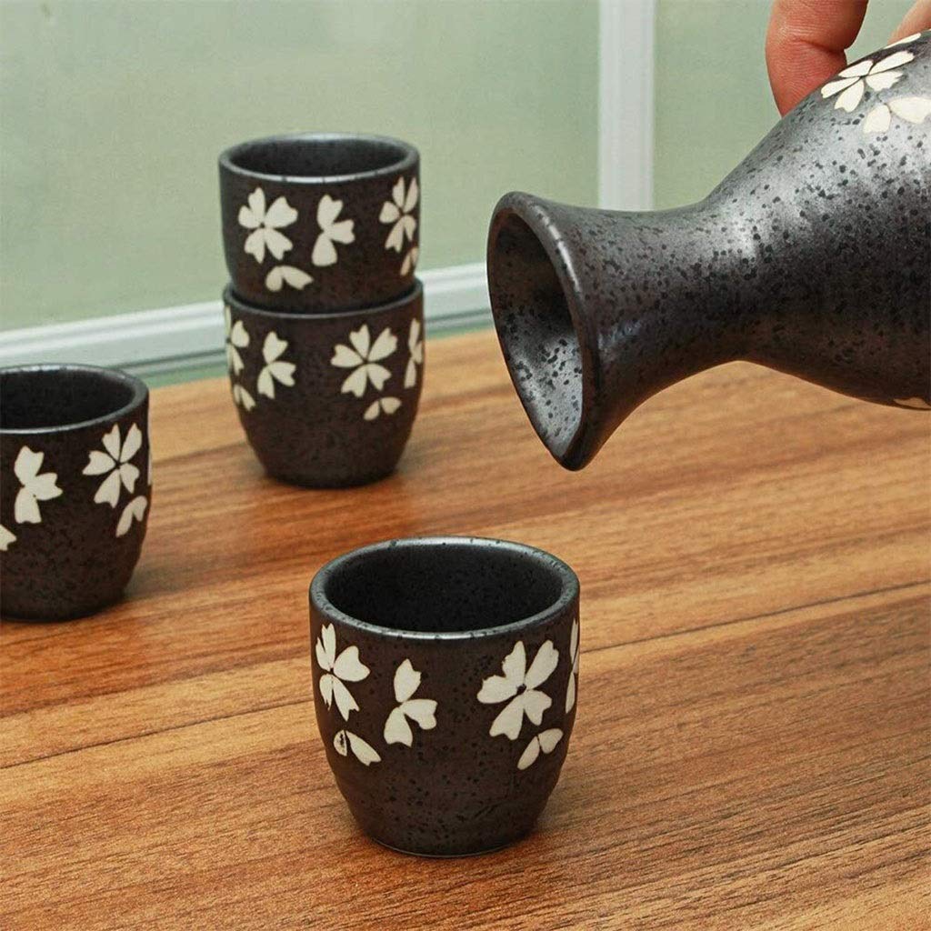 Ensemble de tasses à saké traditionnelles peintes à la main, 5 pièces de verres à vin en céramique noire avec motif de flocon de neige japonais peint à la main, pour froid/chaud/shochu/thé 8.8