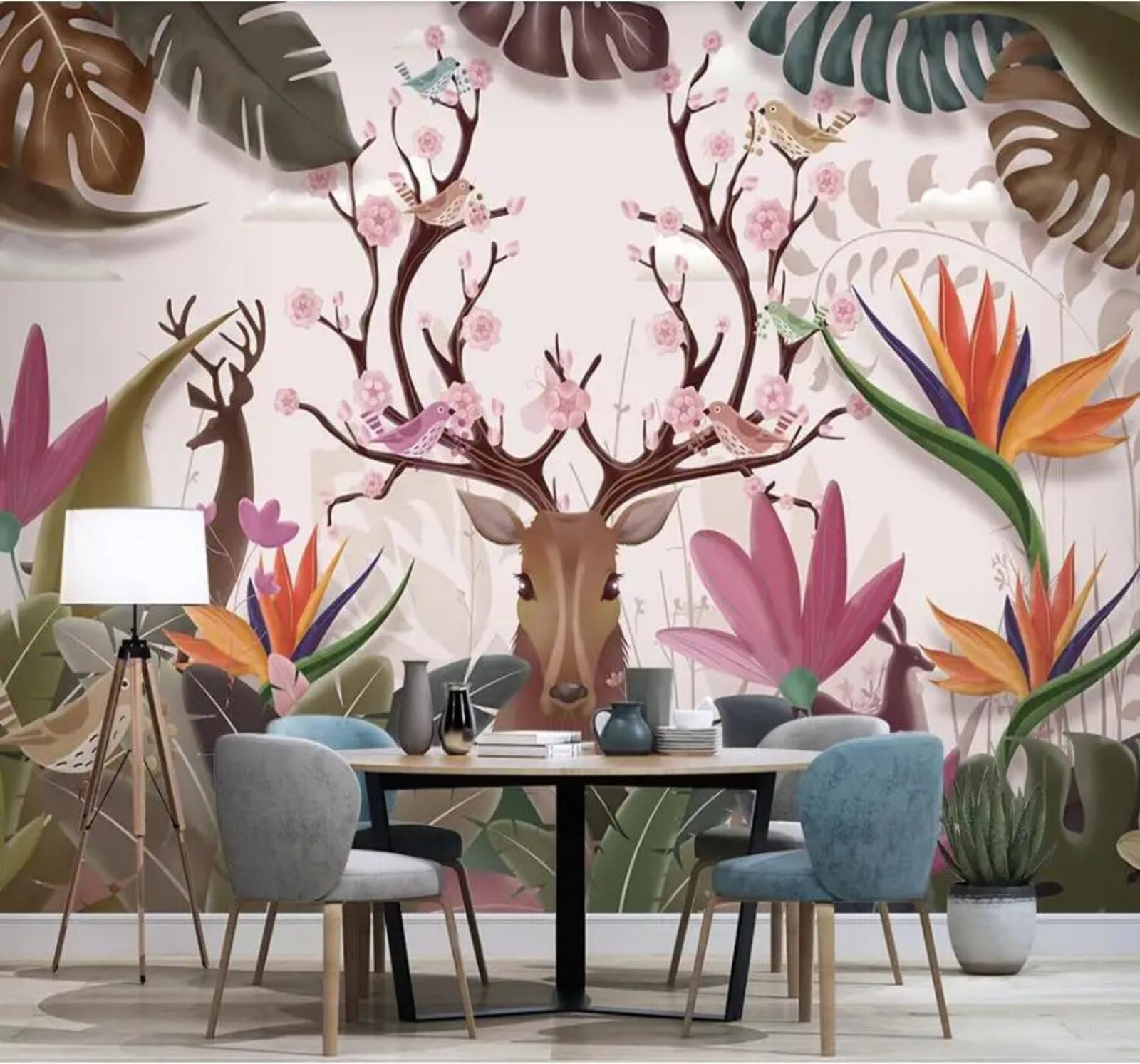 Tzxztt Hand Drawn Tropical Plants Reindeer Banana Leaves Modern 3D Wallpaper Premium Textured Silk Neutral Tones Material Ideal for Living Room Bedroom-200cm×140cm