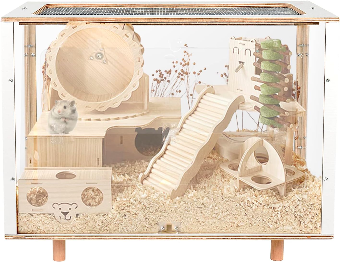 Cawuwe Wooden Hamster Cage Large for Small Animal Habitat for Rabbits Guinea Pigs Chinchillas Syrian Hamsters Home with Acrylic Transparent Board Oblique Opening Hamster Play House
