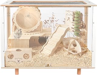 Wooden Hamster Cage Large for Small Animal Habitat for Rabbits Guinea Pigs Chinchillas Syrian Hamsters Home with Acrylic Transparent Board Oblique Opening Hamster Play House