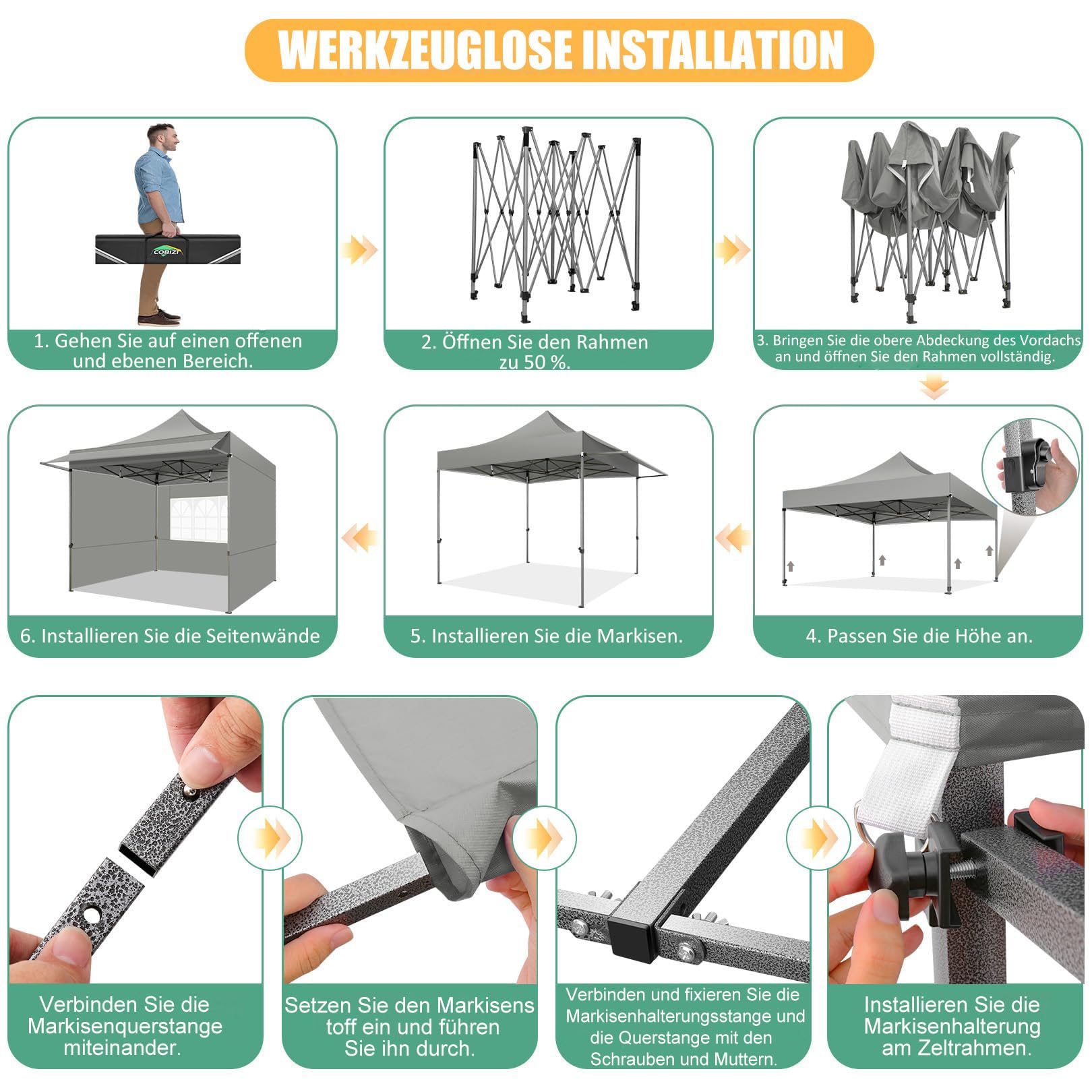 COBIZI Pavillon 3x3 Wasserdicht Stabil Winterfest mit Markisen und Seitenwänden,UV Schutz 50+ Popup Faltpavillon Partyzelt Pavillon Faltbar für Garten Camping Strand Hochzeit(3 mal 3m Grau)