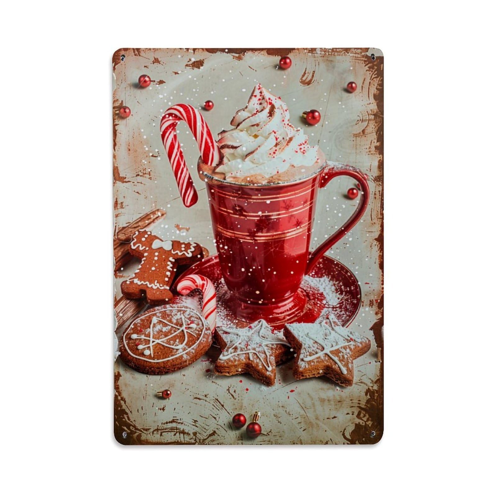 Jdfenggu Vintage Red Mug With White Frosting And Candy Cane Retro Metal Tin Sign, Decor Art Poster For Bar, Home, Man Cave, Kitchen, Laundry Room Gift 8X12inch