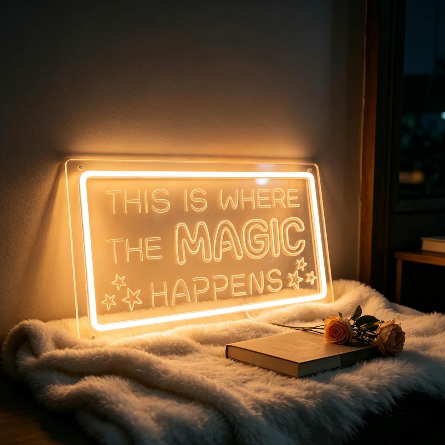 This is Where the Magic Happens Neon Sign LED Neon Lights for Wall Decor USB Powered Light Up Sign for Family Holiday Vacation Girls Bedroom Decor Wedding Birthday Party Bar Man Cave 15.7”X9.3”