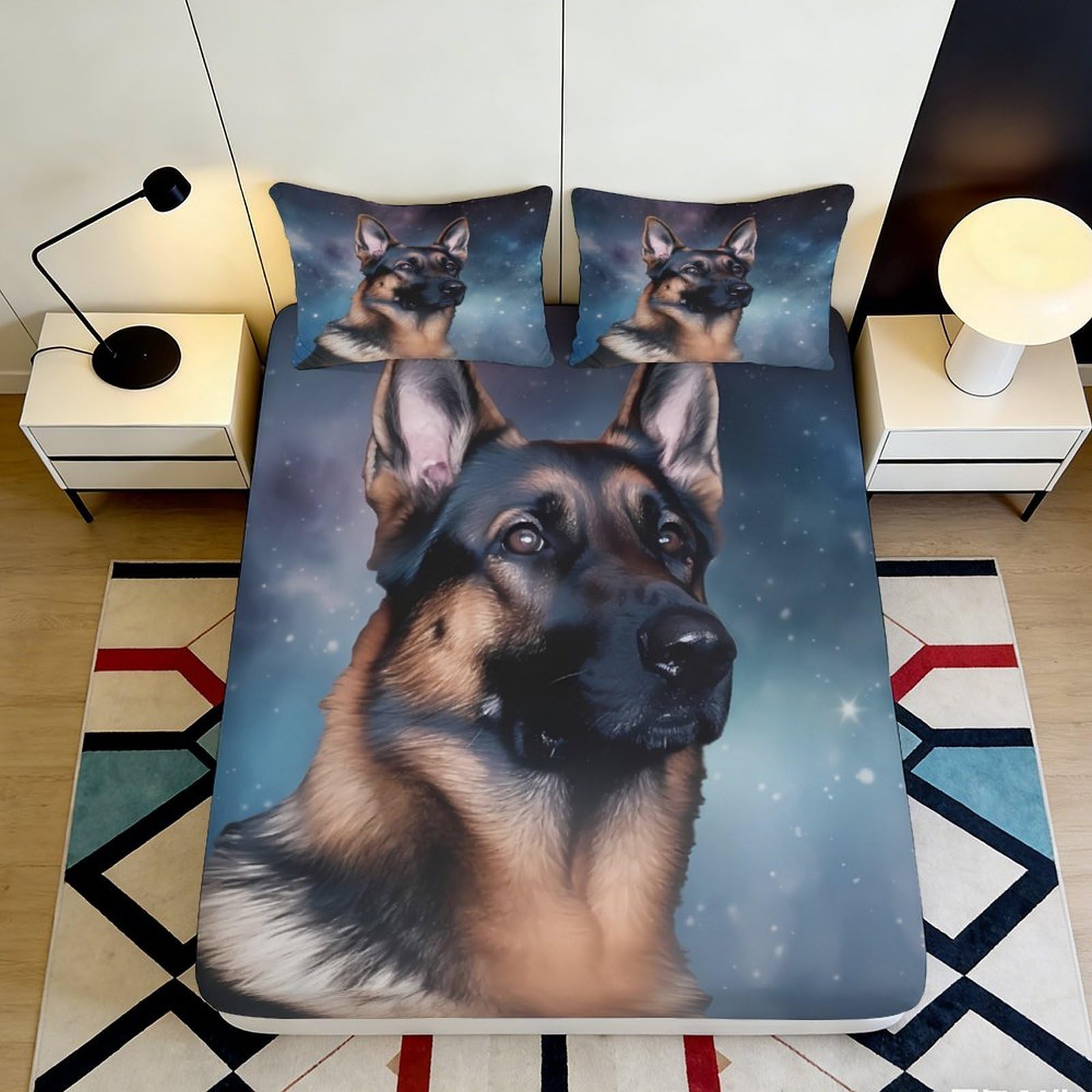 3D Printed German Shepherd Galaxy Fitted Sheet Microfiber Non-Slip Mattress Cover for Bedroom Guest Room Decor 120x200cm 160x200x25cm