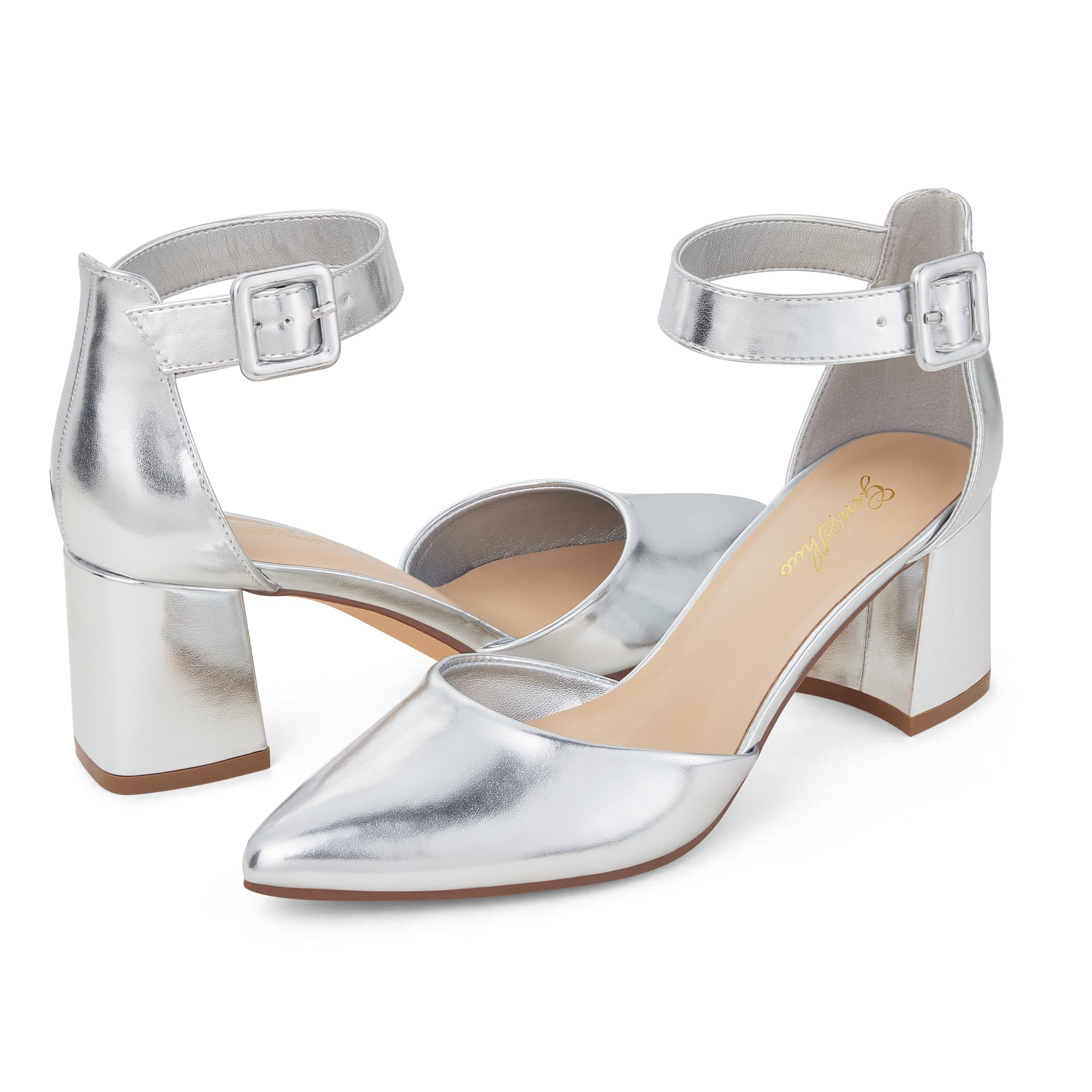 GENSHUO Zapatos de Mujer con Punta Cerrada, Tacón Bajo en Bloque de 6 cm, Correa al Tobillo, Cómodos para Trabajo y Fiestas