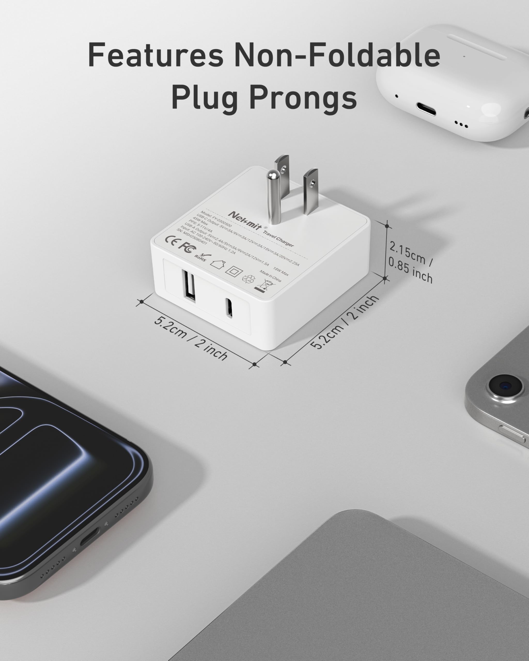 Nekmit - Caricatore da parete piatto USB C, caricatore USB veloce PPS a doppia porta da 45 W, spina da parete sottile USB C per iPhone 17/16 e altre serie, MacBook Air, iPad