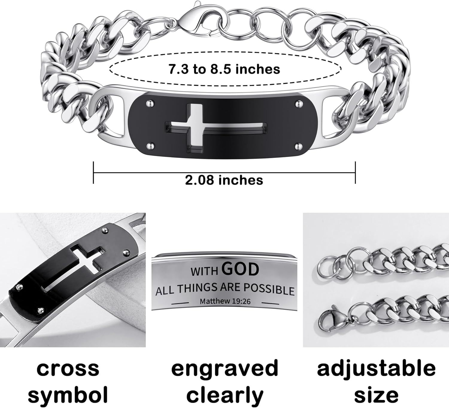 Jesus Cross Bracelet for Men Boys, Stainless Steel Cuban Cross Chain Link Bracelets Bible Verse Christian Cool Jewelry Graduation Trendy Valentine gifts for Kids Teen Boy - Image 4